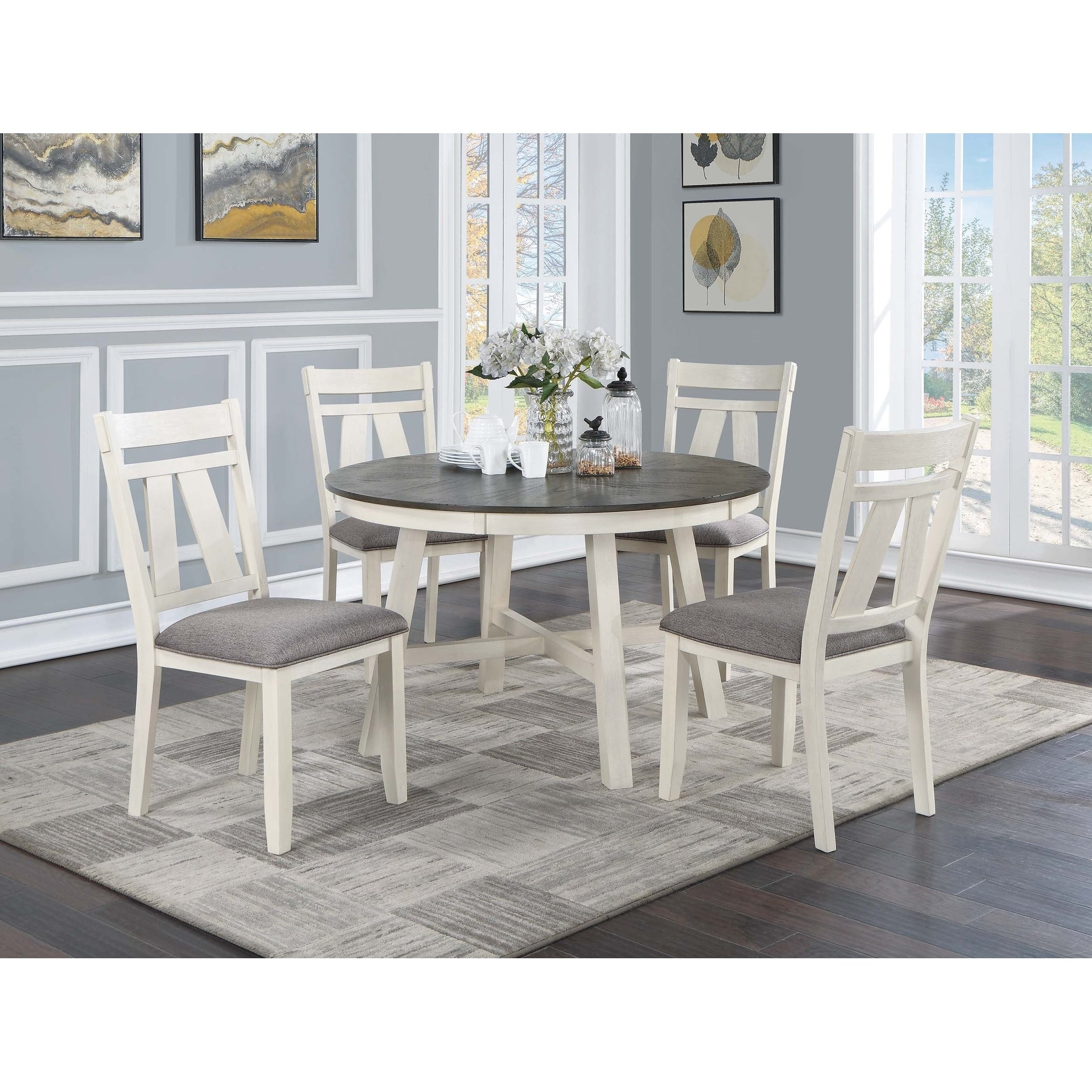 Contemporary Style 5Pc Round Dining Table Set White And Gray Finish