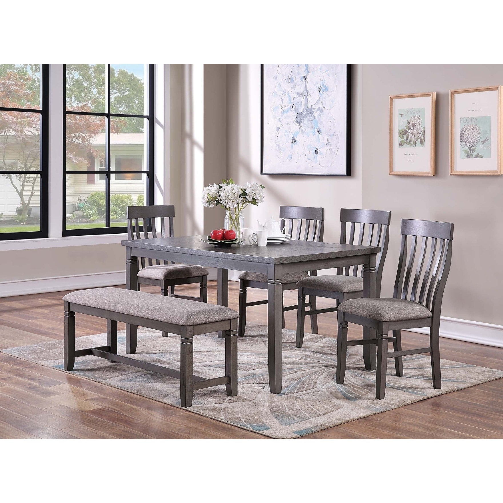 Contemporary Style 6Pc Dining Set Slat Back Chairs Walnut Finish