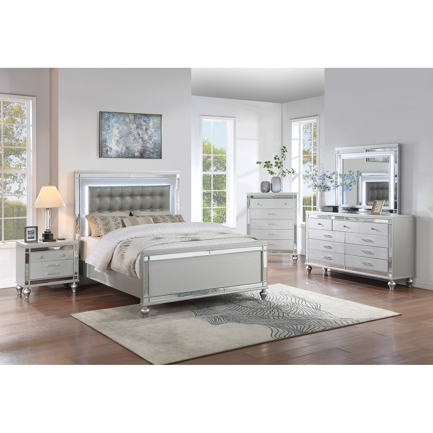 Contemporary Style Bed Dresser Mirror Chest And Nightstand Set Silver Finish Bedroom Furniture