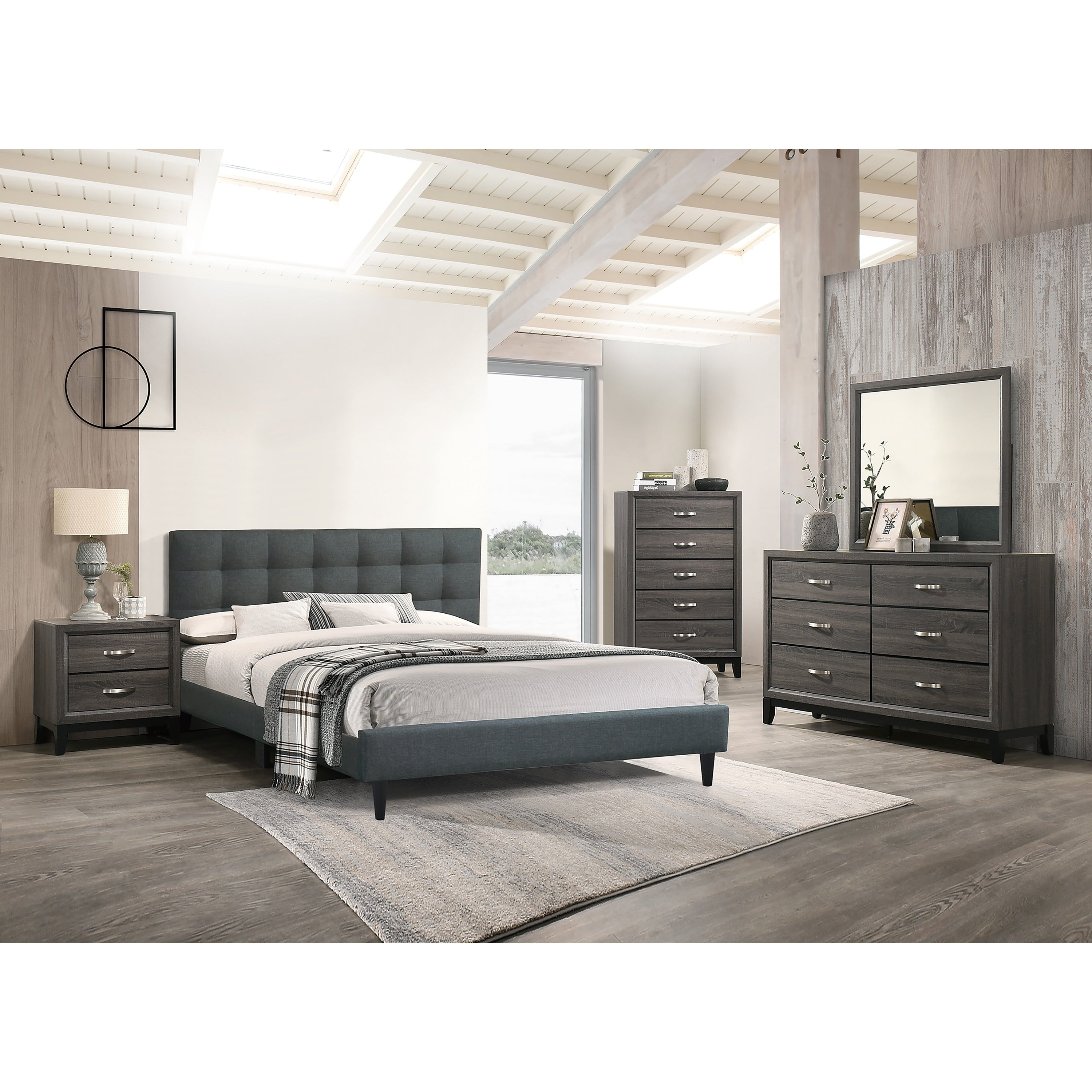 Contemporary Style Bed Set Biscuit Tufting Headboard Charcoal Finish Bedroom Furniture