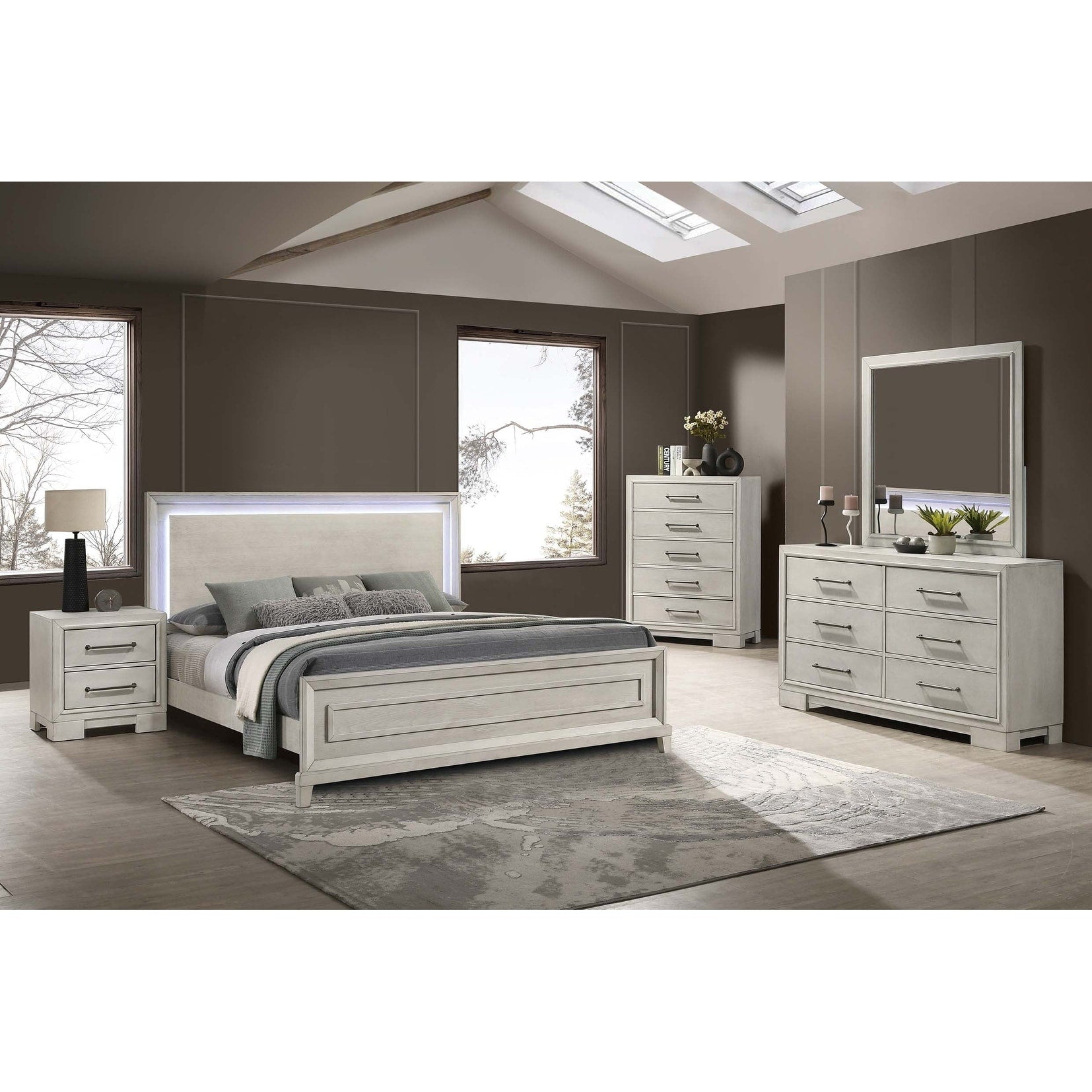 Contemporary Style Bed Set Led Light Headboard Metal Handles Squared Legs Antique White Finish Bedroom Furniture