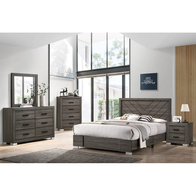 Contemporary Style Bed Set Metal Handles Silver Legs Platform Bed Gray Finish Bedroom Furniture