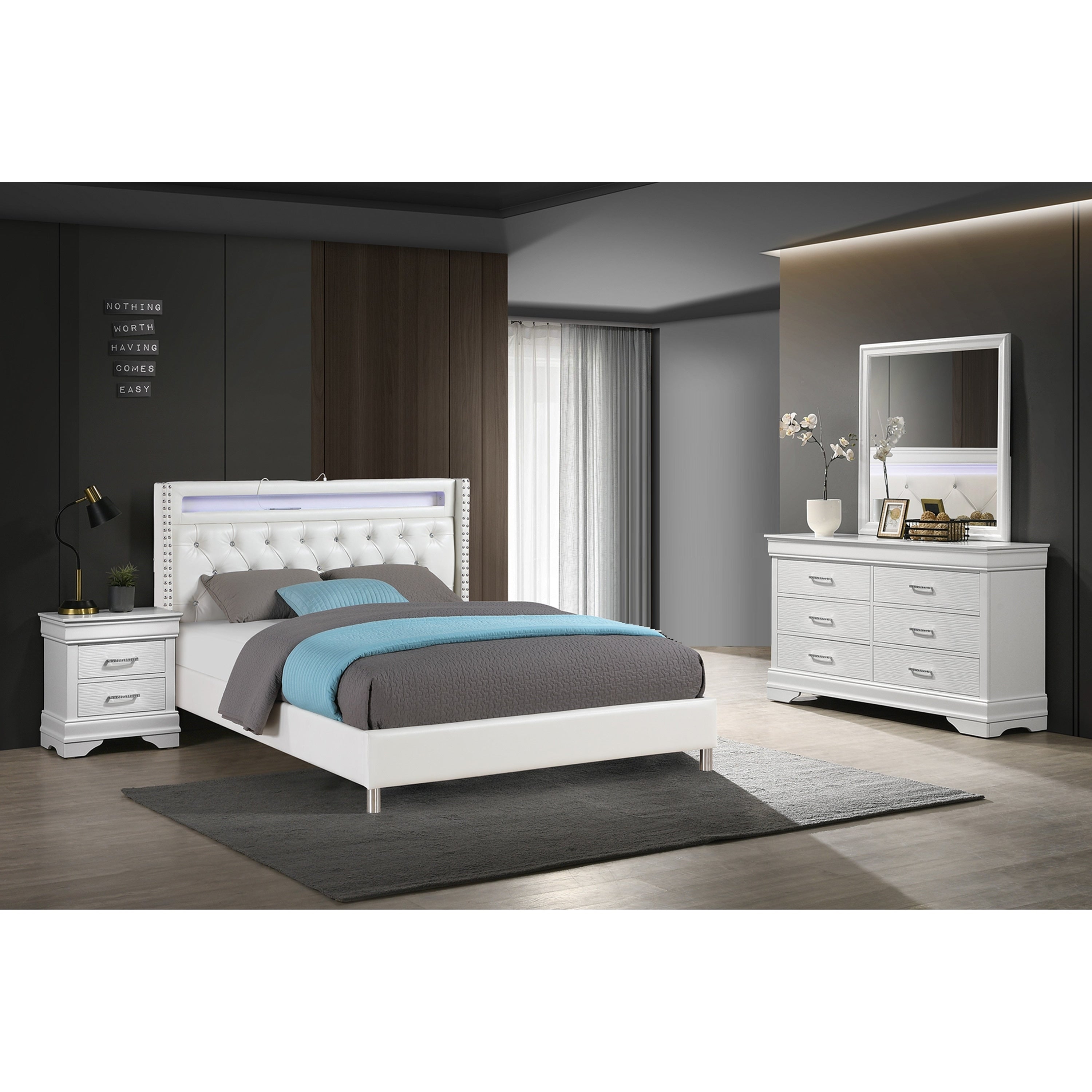 Contemporary Style Bed Set Nailhead Trim Diamond Accent Handles Led Lights White Finish Bedroom Furniture