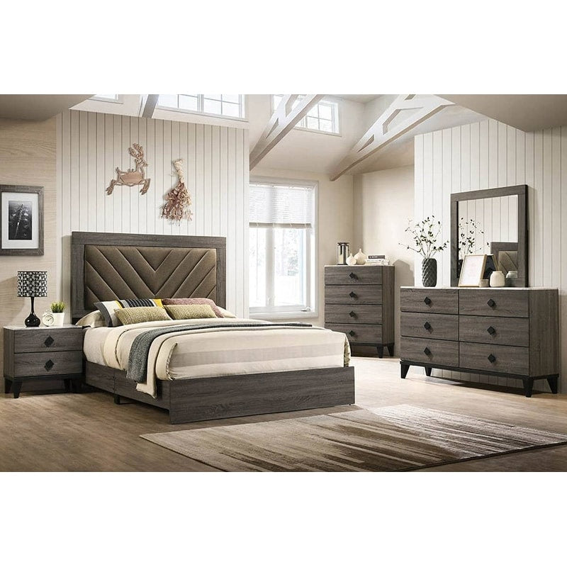 Contemporary Style Bed Set V Design Upholstered Headboard Gray Finish Bedroom Furniture