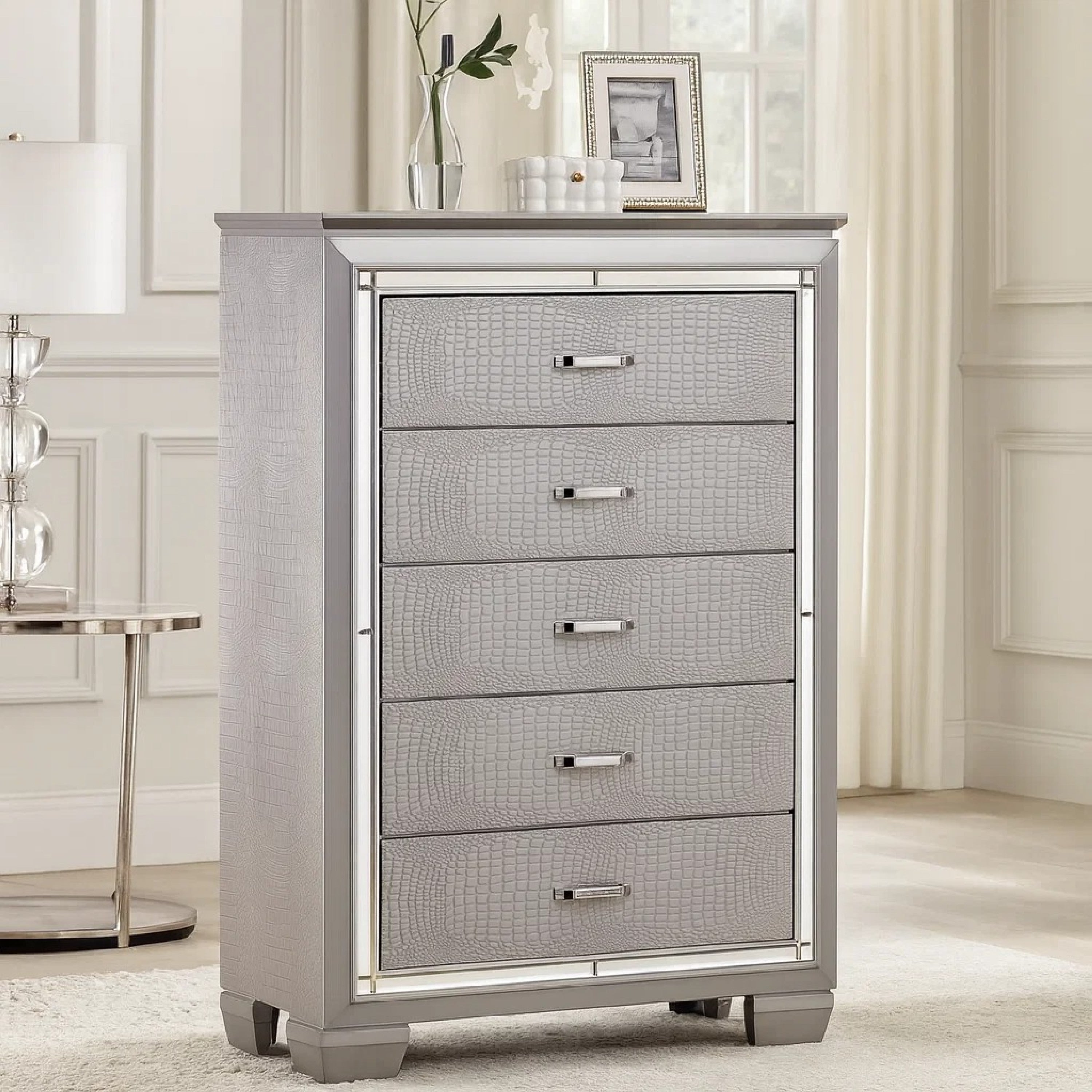 Contemporary Style Five Drawer Wooden Chest Silver