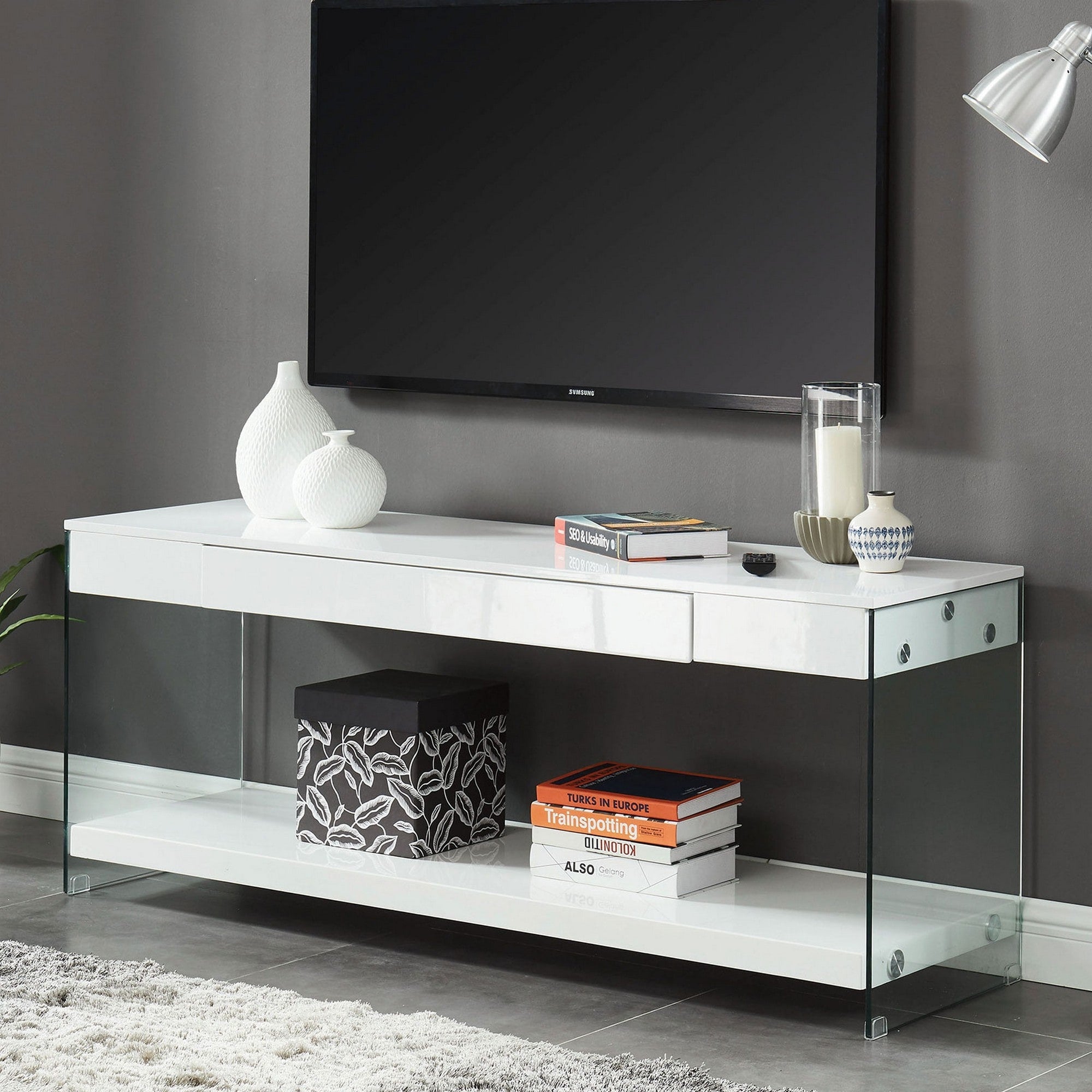 Contemporary Style Plastic Tv Stand With Glass Side Panels White
