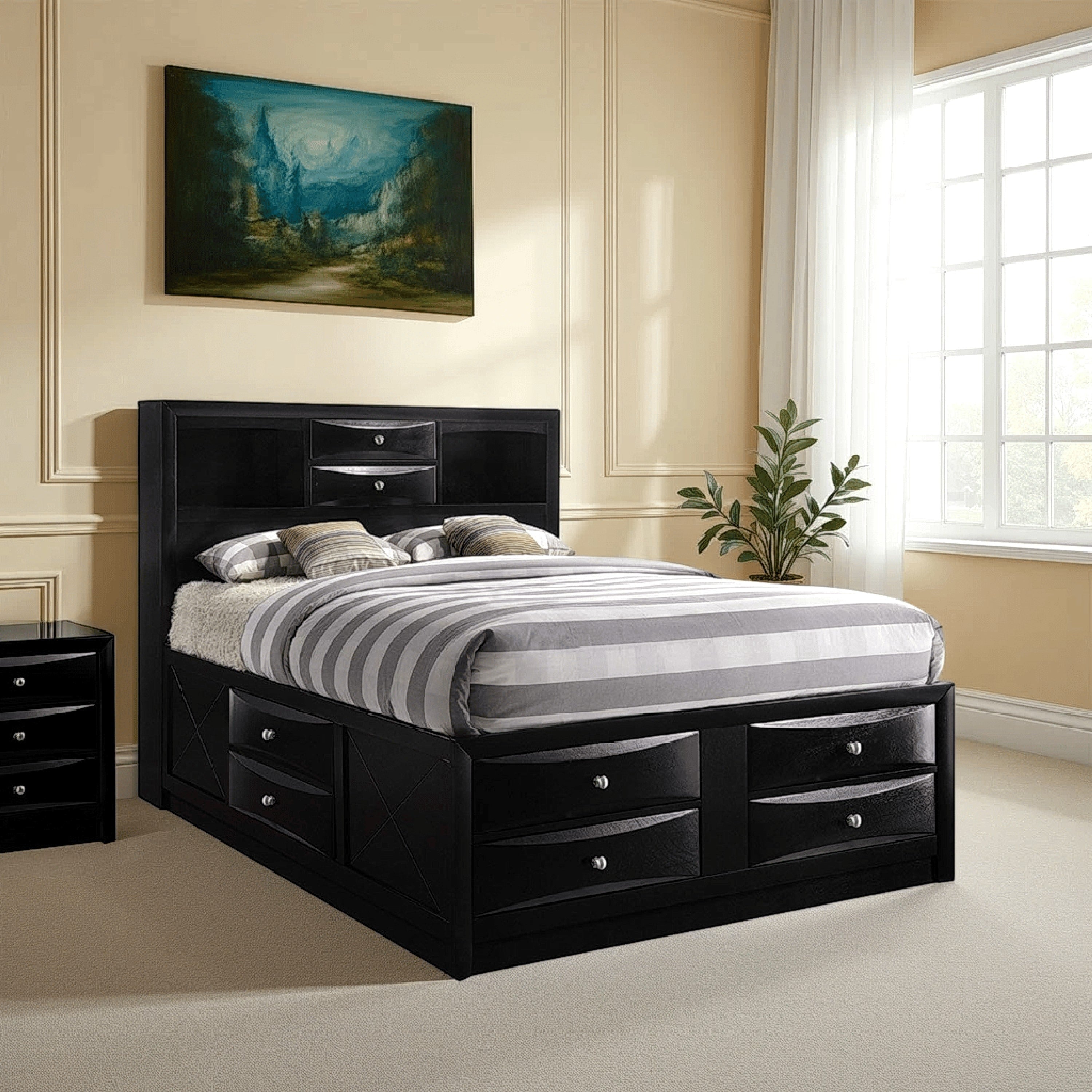 Contemporary Style Queen Size Wooden Storage Bed With Eight Spacious Drawers Black