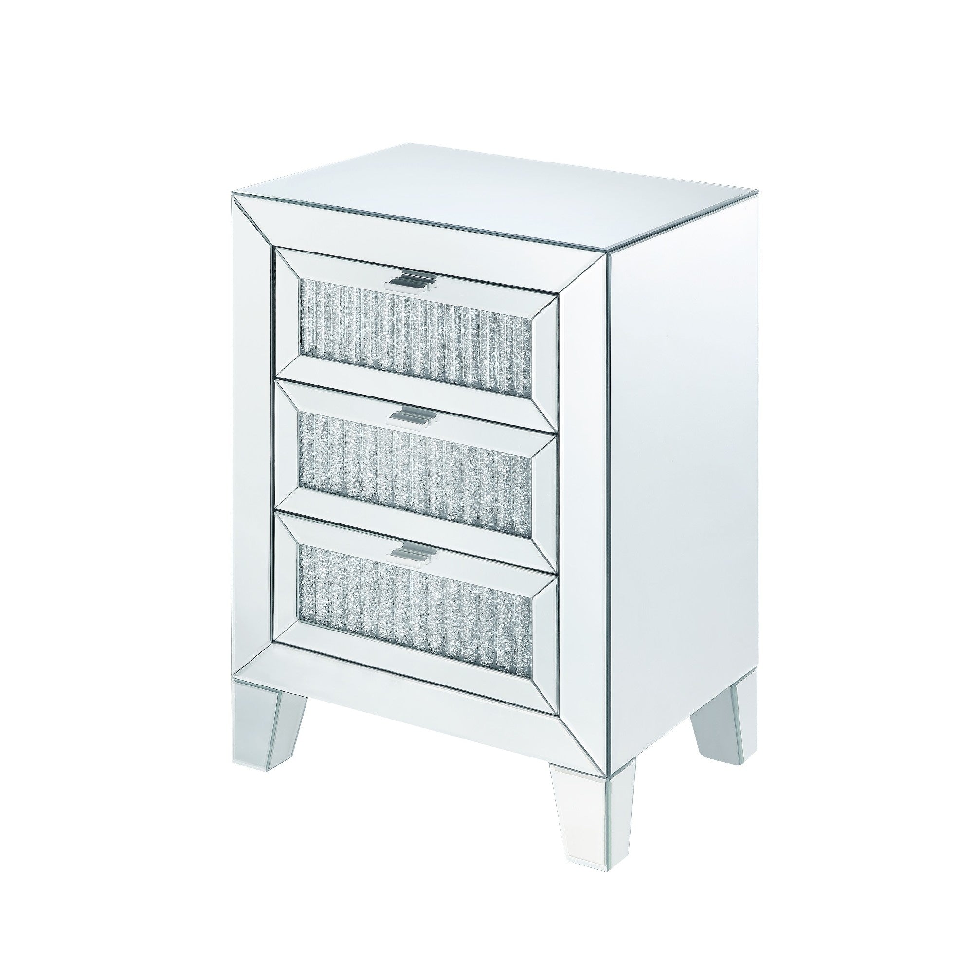 Contemporary Style Wooden Mirrored Night Table With 3 Drawers Silver