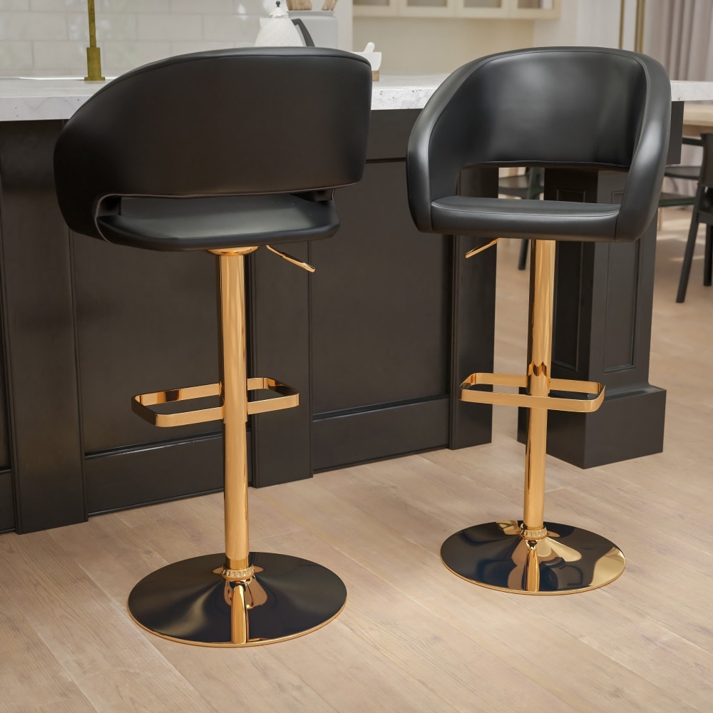 Contemporary Vinyl Adjustable Height Barstool With Rounded Mid Back Set Of 2