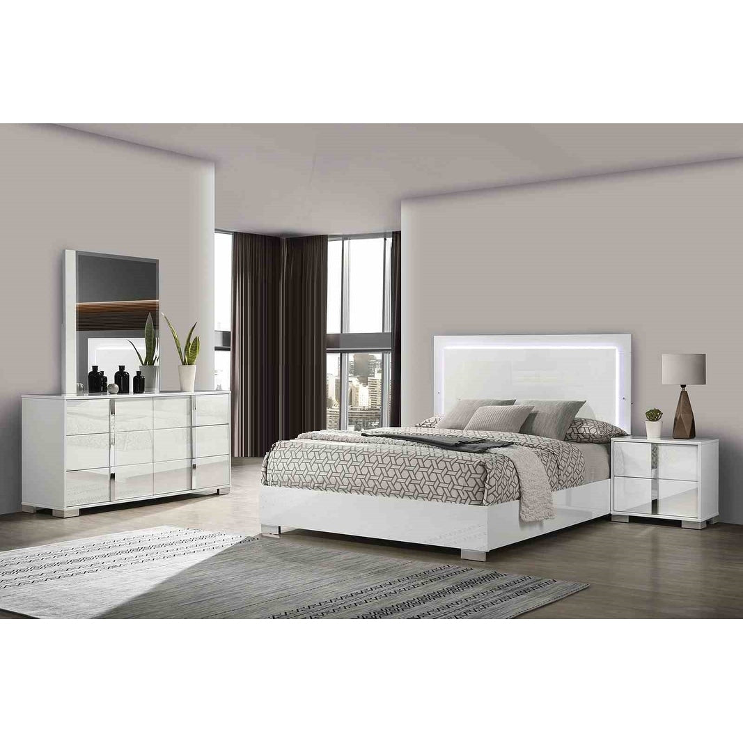 Contemporary White 4 Pc Bedroom Furniture Set With Led Headboard Bed Dresser Mirror Nightstand