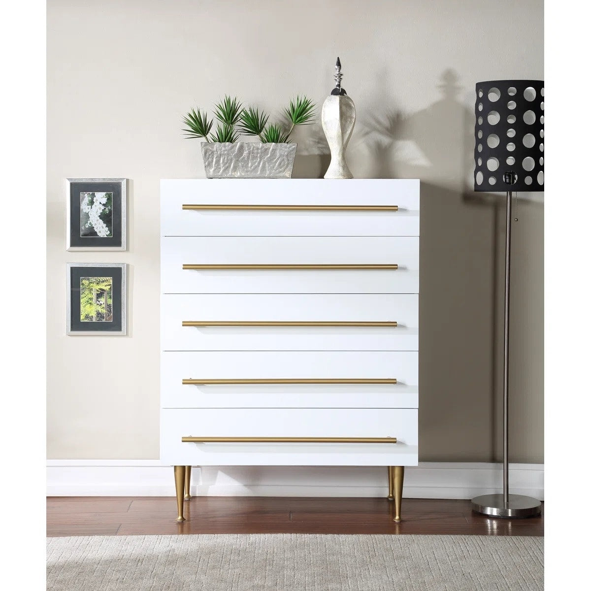 Contemporary White 5 Drawer Chest Gold Accent Wooden Dresser Unit