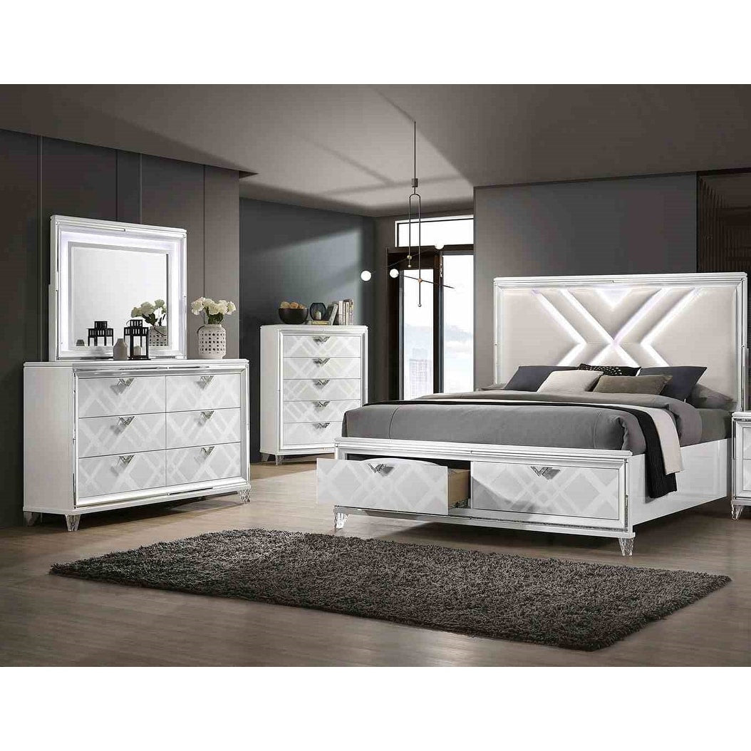 Contemporary White Finish Led Storage Bed Dresser Mirror Chest 4Pc Bedroom Set