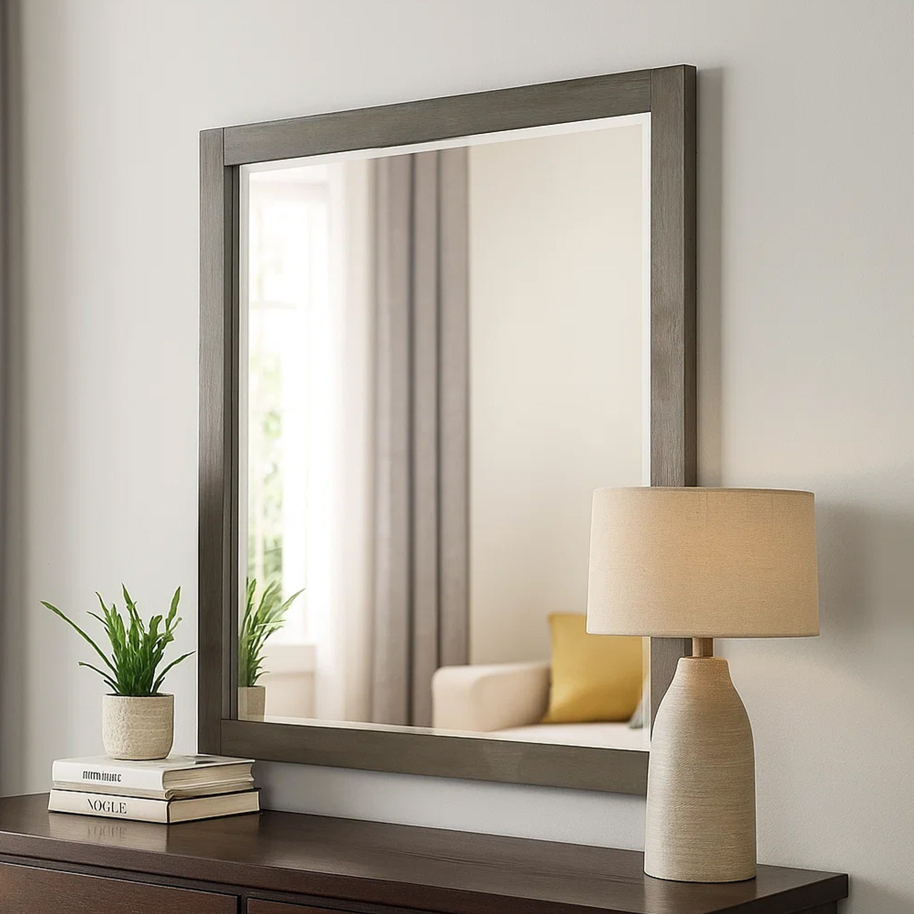 Contemporary Wooden Frame Dresser Mirror With Natural Grain Details Gray