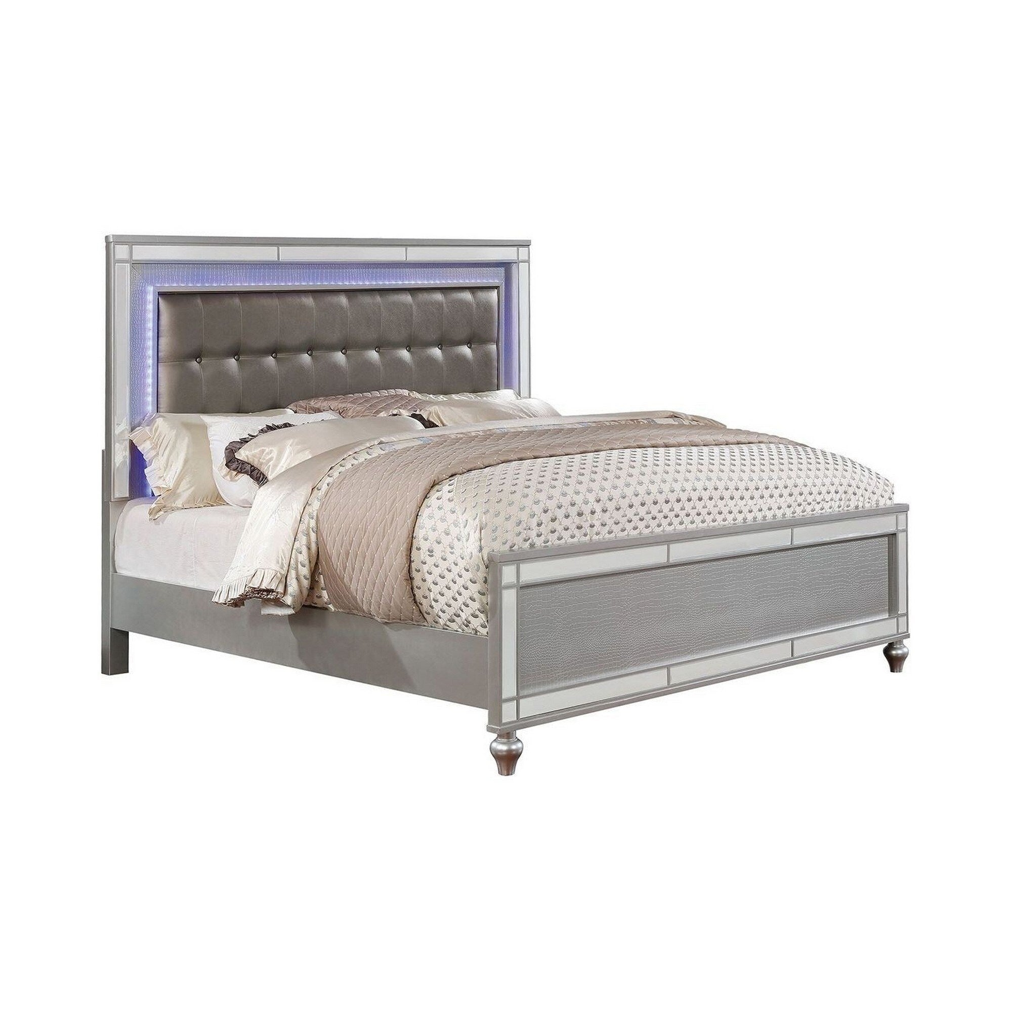 Contemporary Wooden Queen Size Bed With Ornate Bun Feet Silver