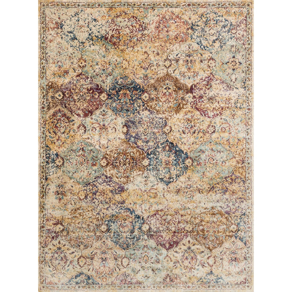 Traditional Ivory Multi Damask Distressed Rug 710 X 1010