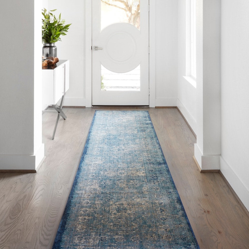Traditional Light Blue Ivory Medallion Distressed Runner Rug 27 X 12 Runner