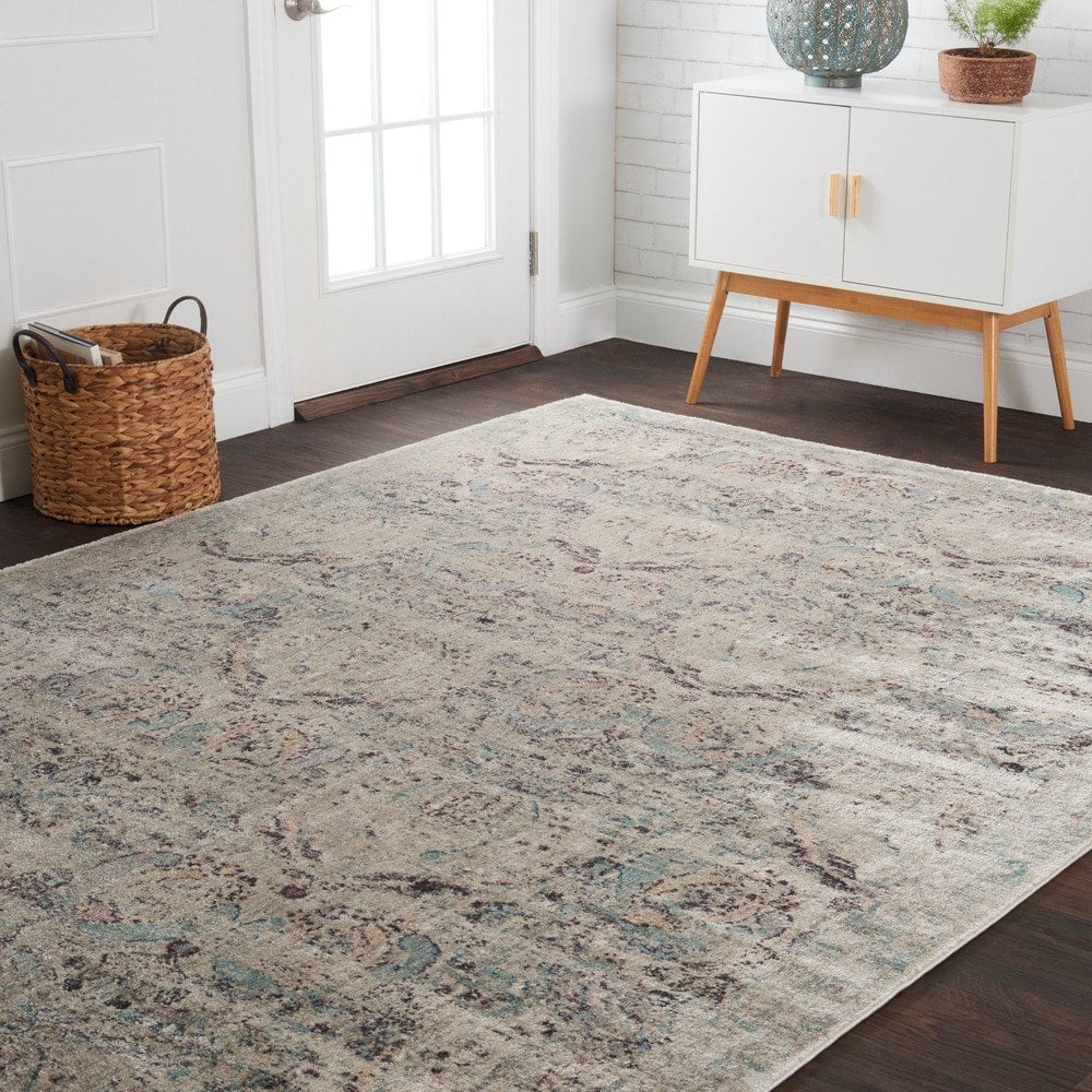 Traditional Silver Plum Damask Distressed Rug 710 X 1010