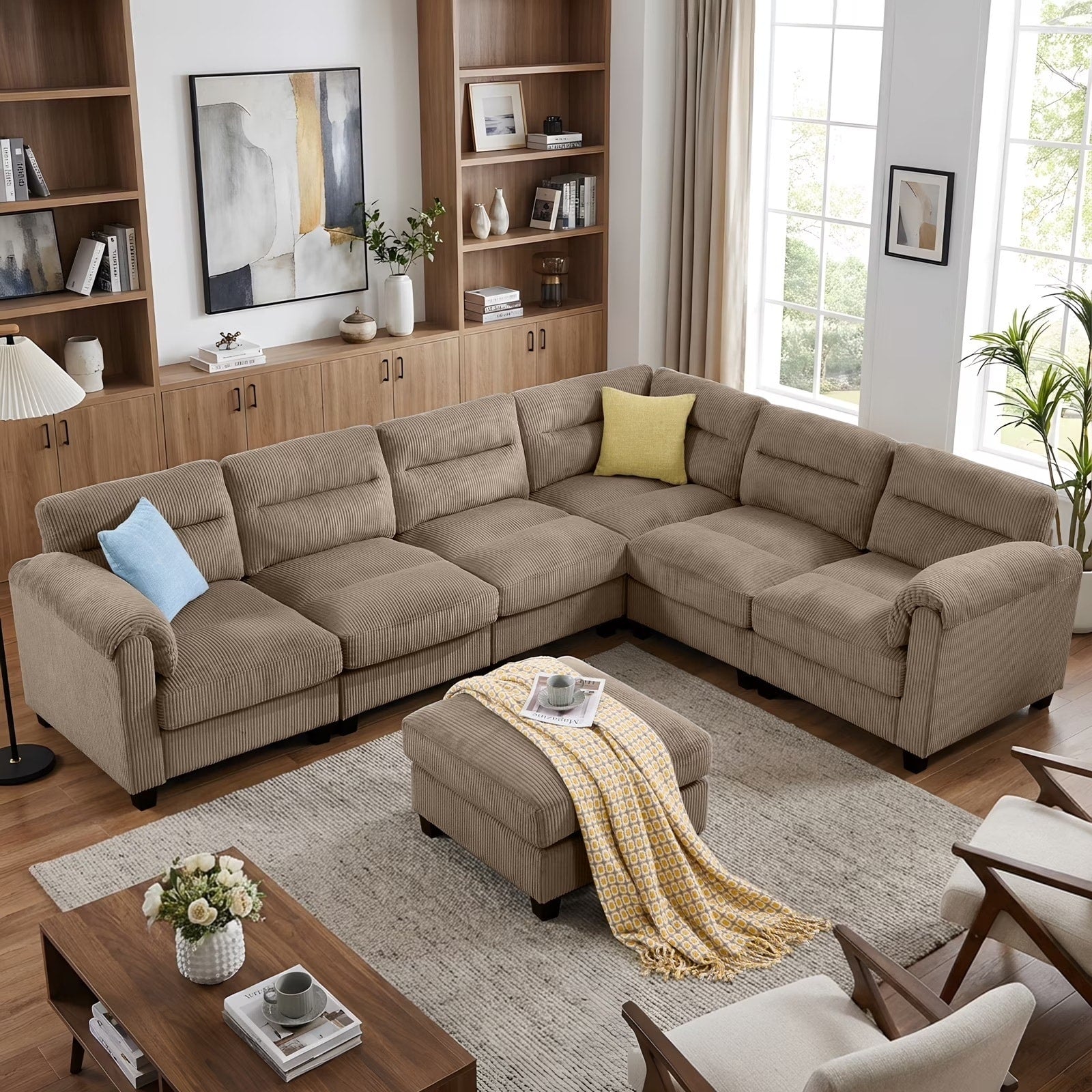 Convertible Modular Padded Sectional Sofa Couch With Foam Frame Ottoman For Living Room