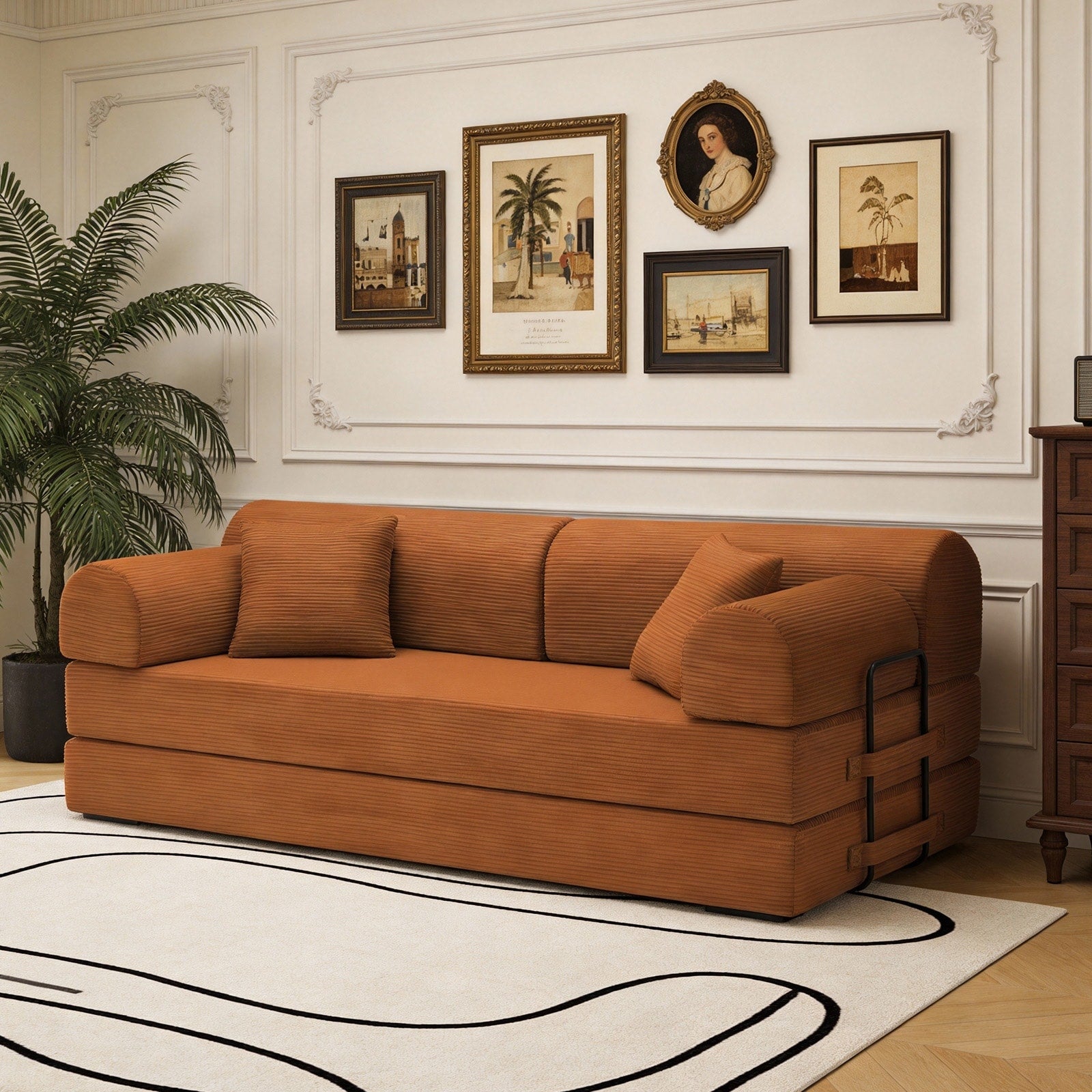 Convertible Sleeper Sofa Bed With Cylindrical Pillow Corduroy Folding Mattress Couch With Fixed Shape Frame For Bedroom