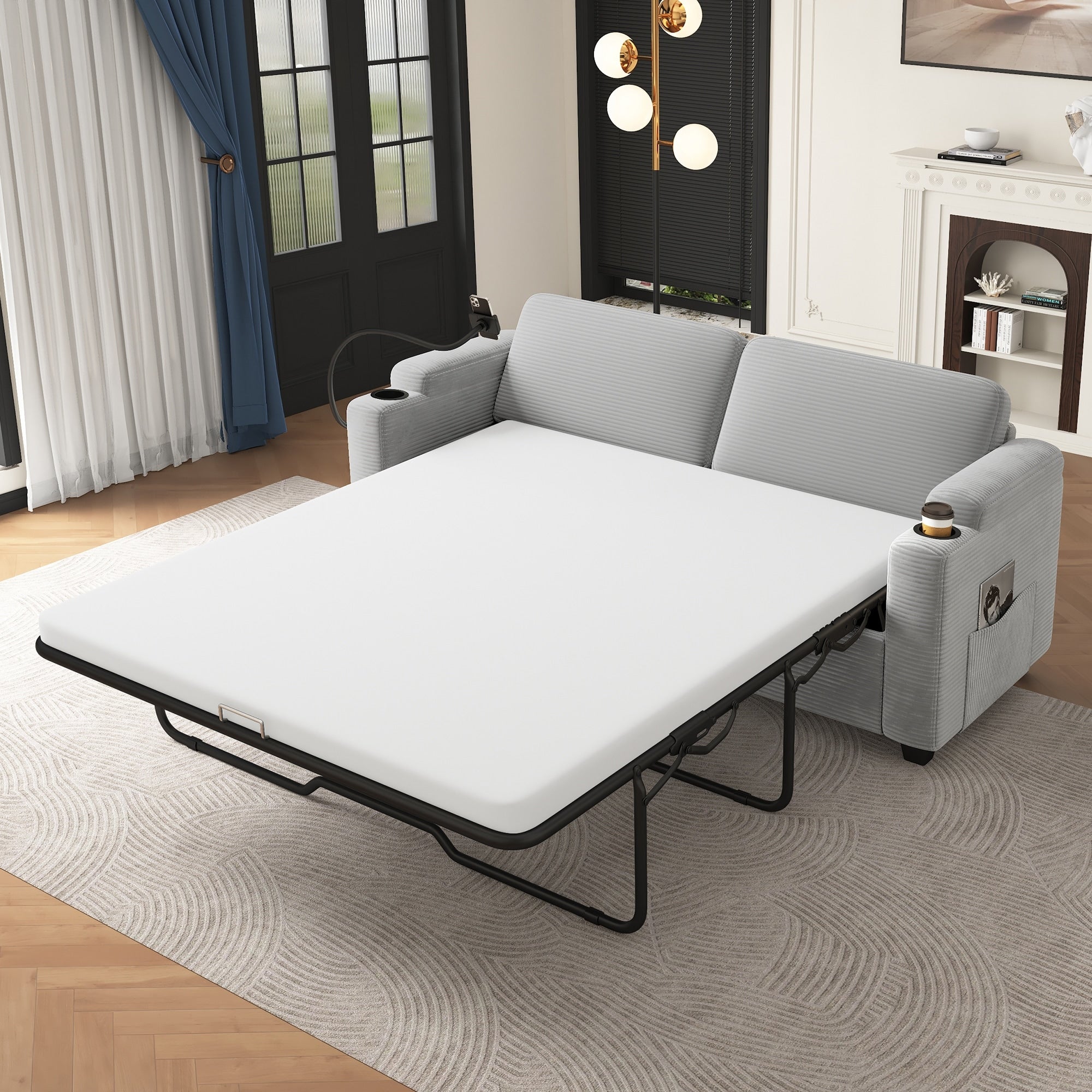 Convertible Sofa Bed Loveseat Sleeper With Usb Ports Cup Holders Side Pockets Space Saving