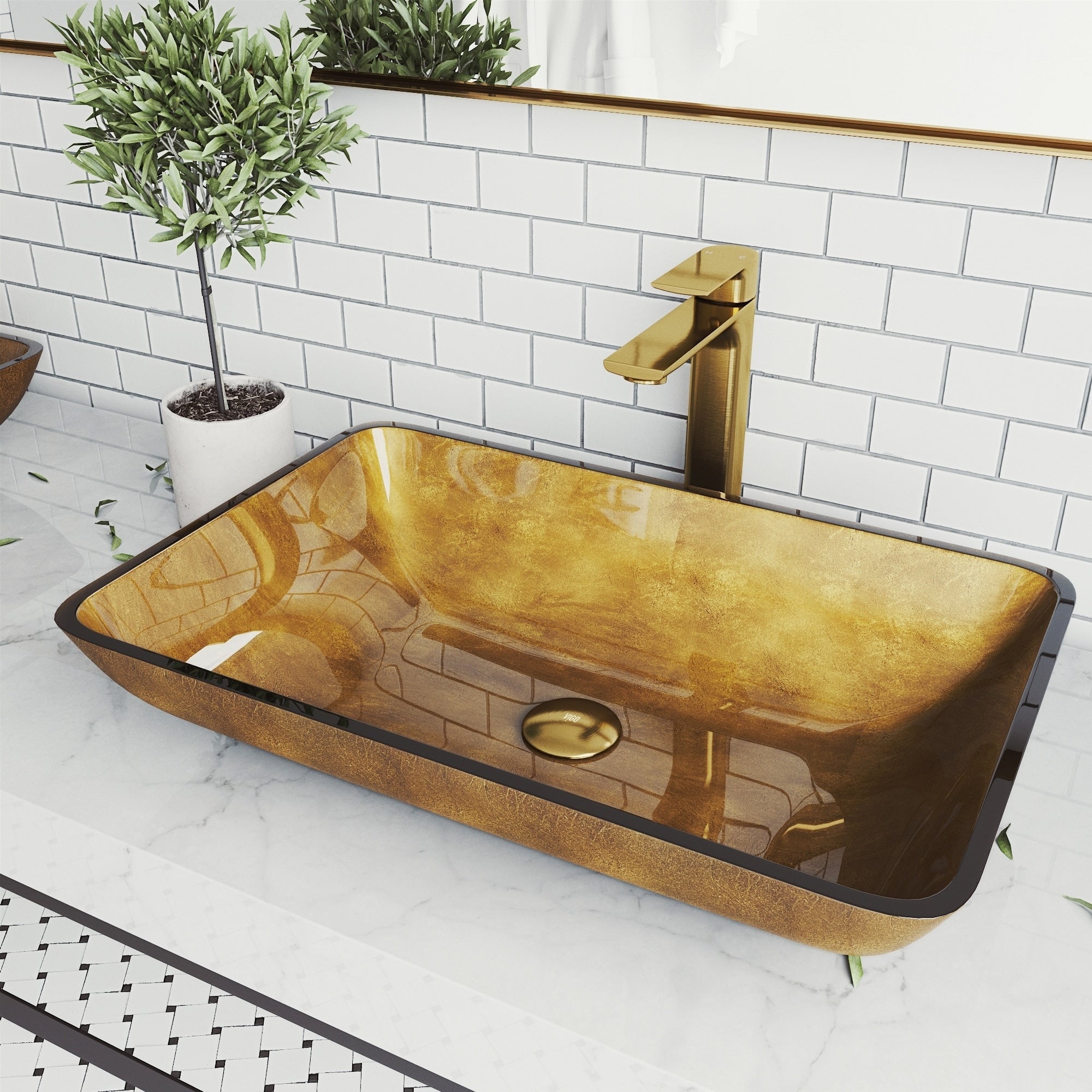 Copper Glass Rectangle Vessel Bathroom Sink Set With Norfolk Faucet In Matte Gold
