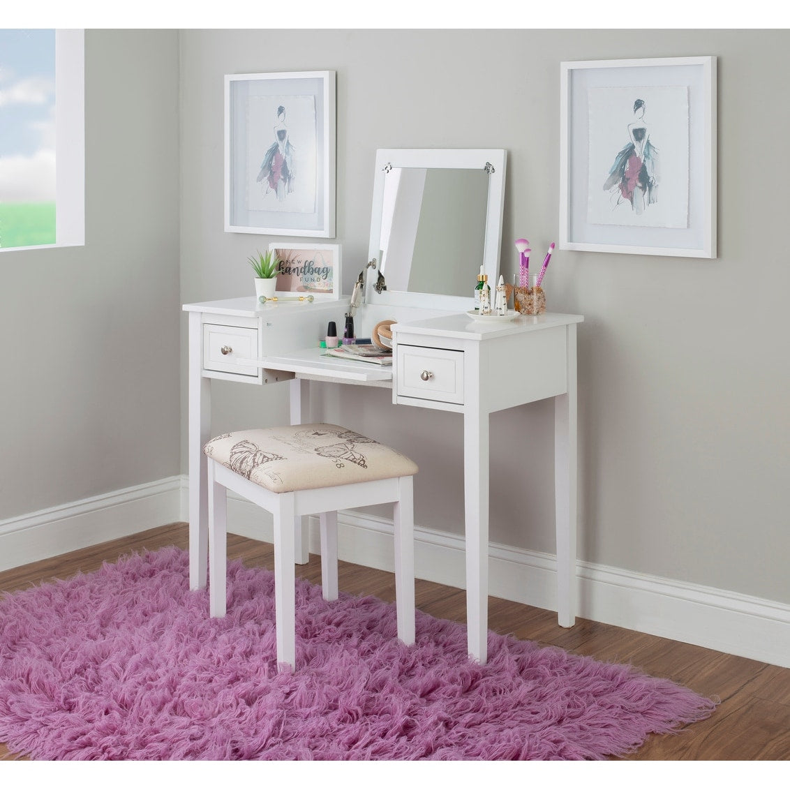 Copper Grove Alcea White Vanity Table With Mirror Stool