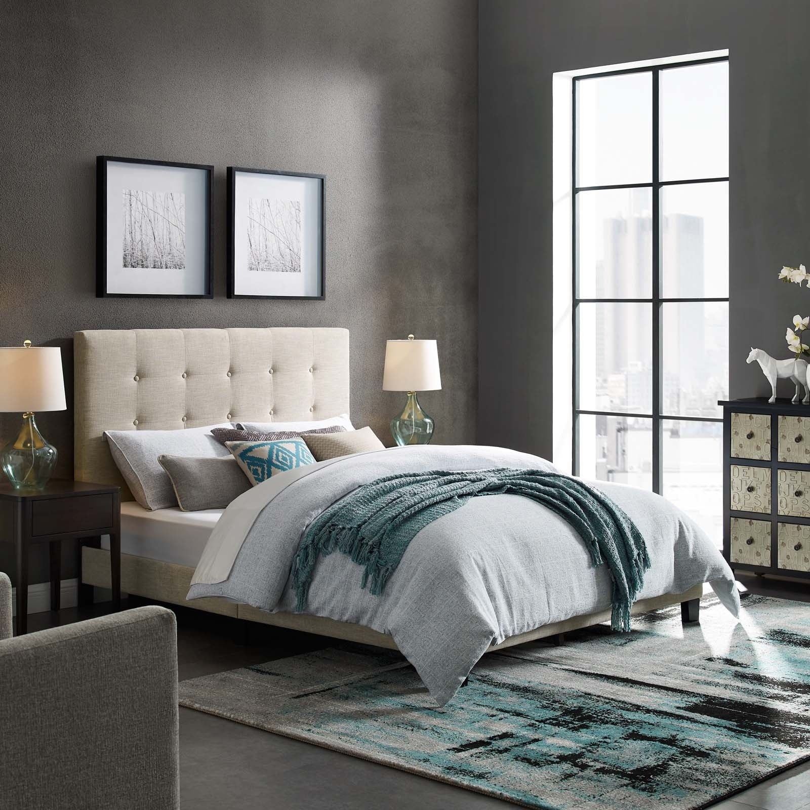 Melanie Queen Tufted Button Upholstered Fabric Platform Bed N A