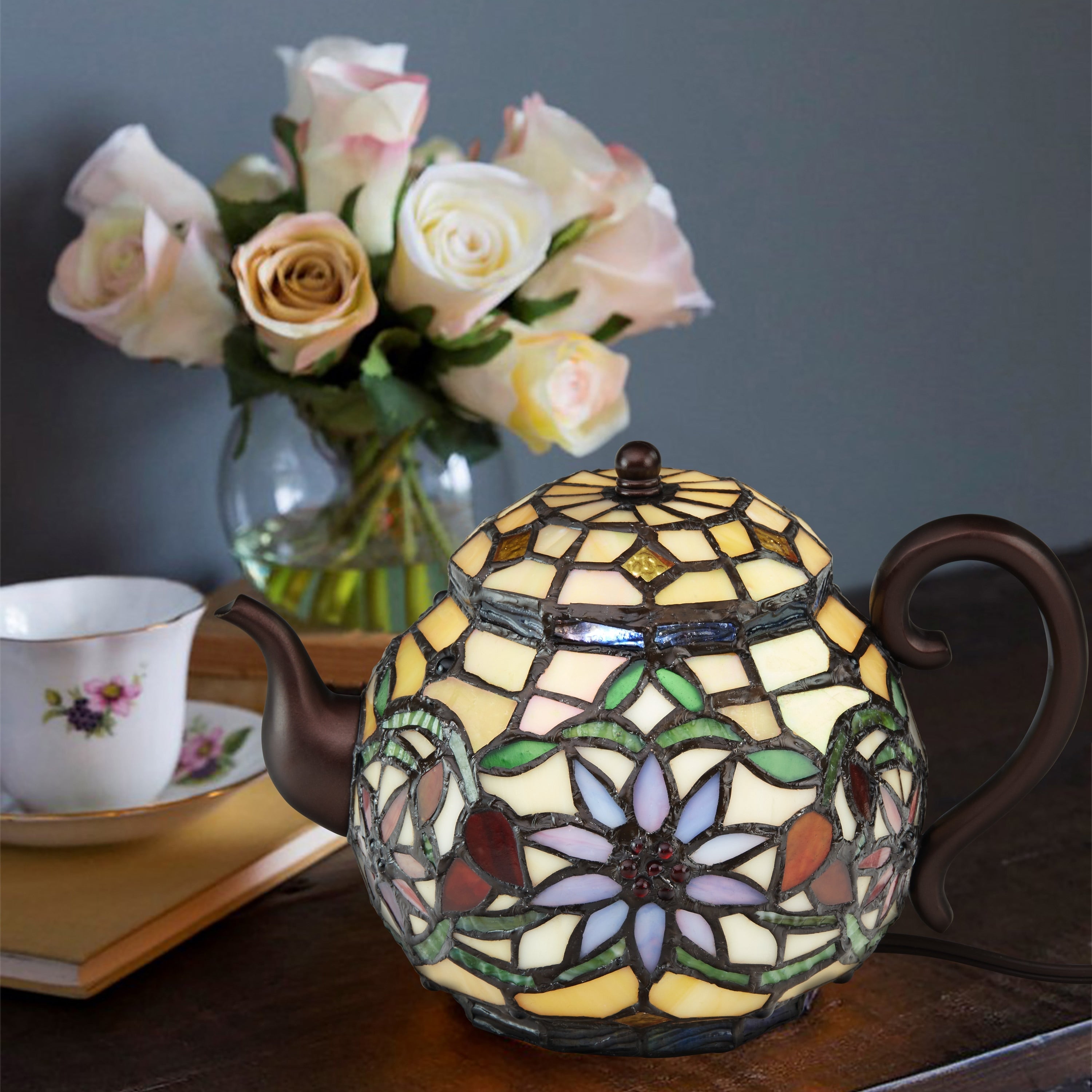 Copper Grove Carnach 6.5 Inch High Stained Glass Teapot Accent Lamp