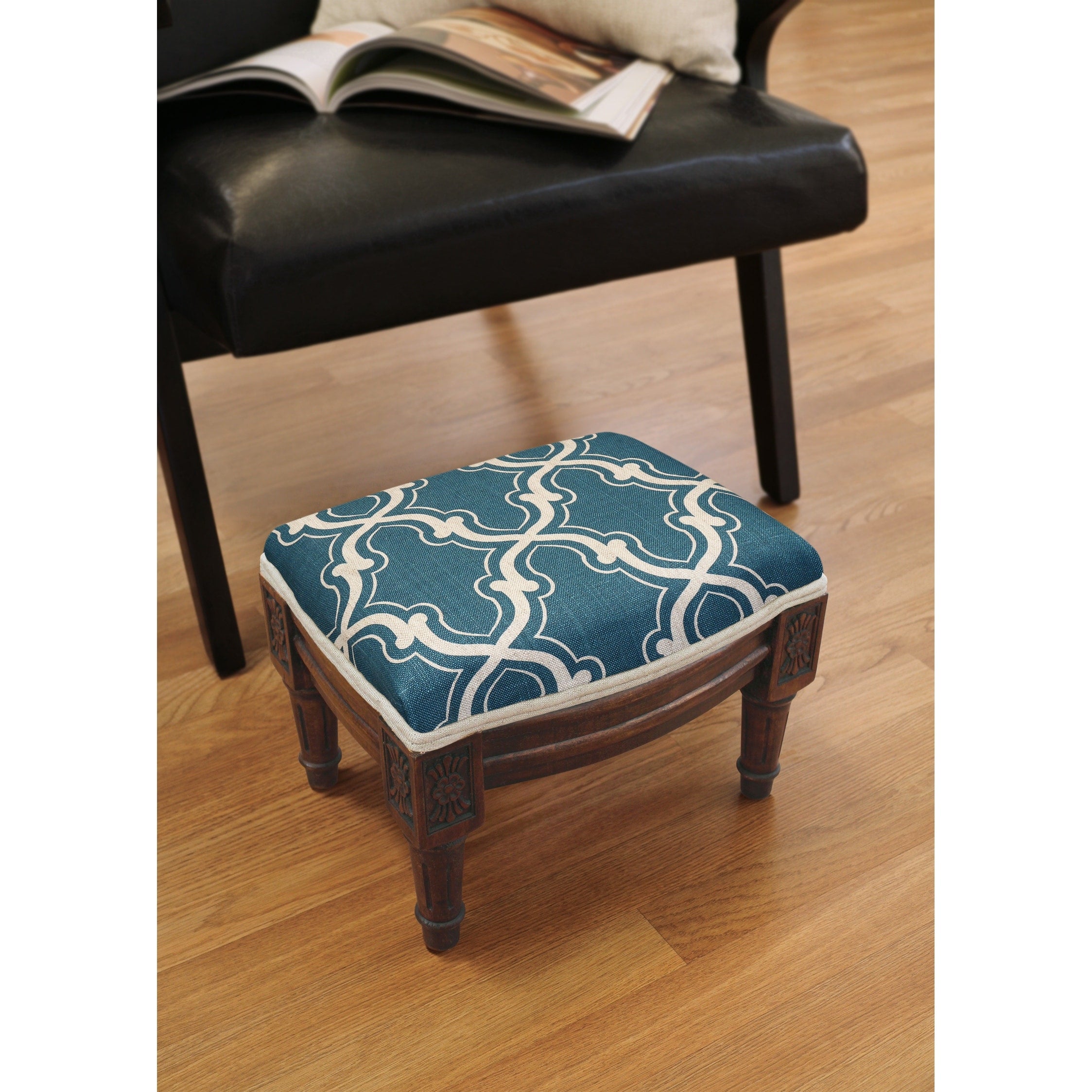 Copper Grove Castletown Blue Upholstered Wood Footstool With Trellis Accents