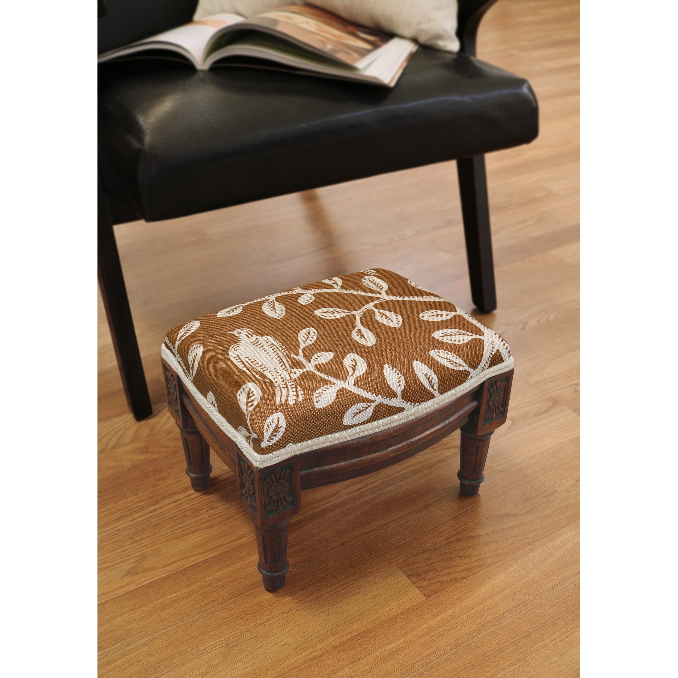 Copper Grove Castletown Caramel Upholstered Wood Footstool With Vine Accents