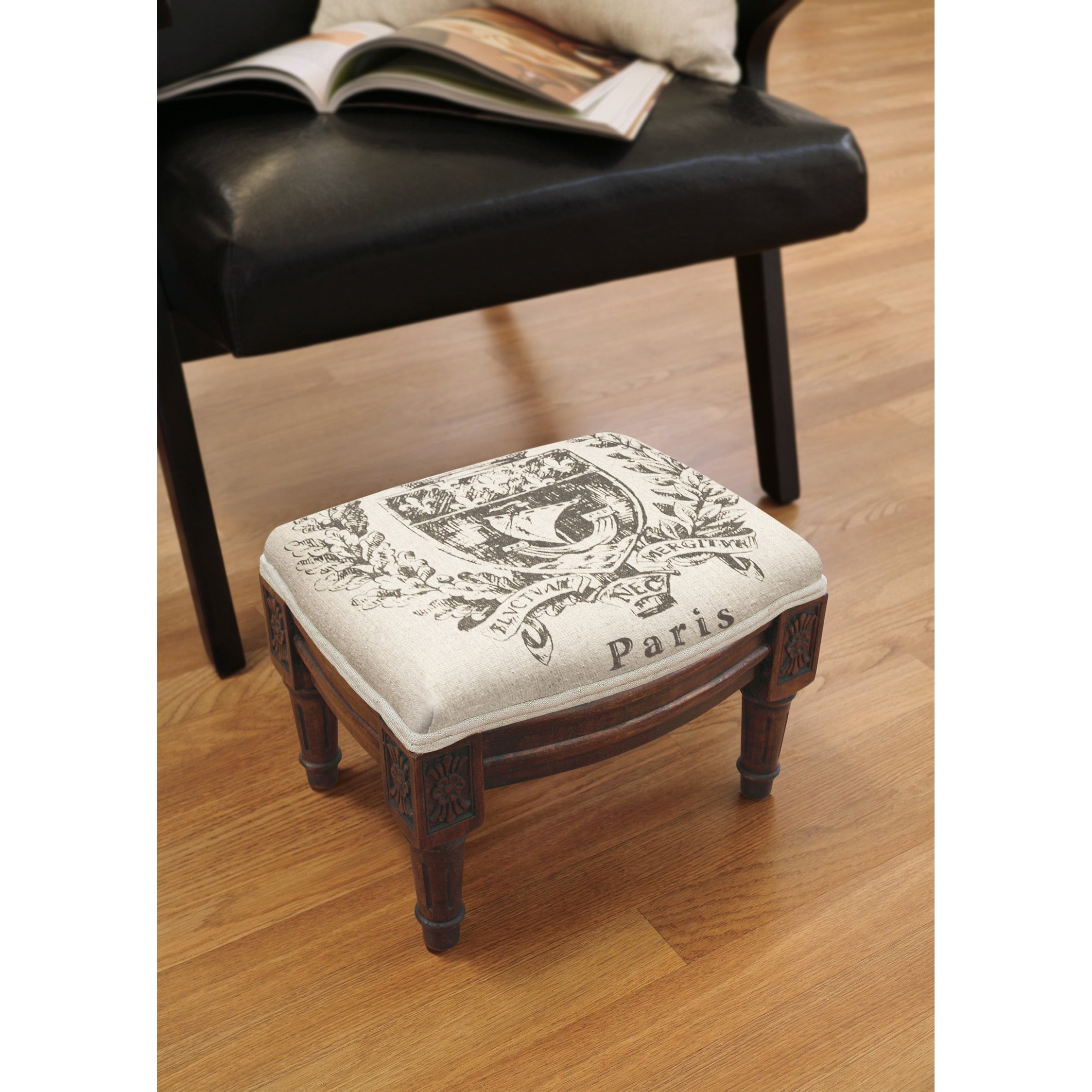 Copper Grove Castletown Paris Crest Upholstered Wood Footstool