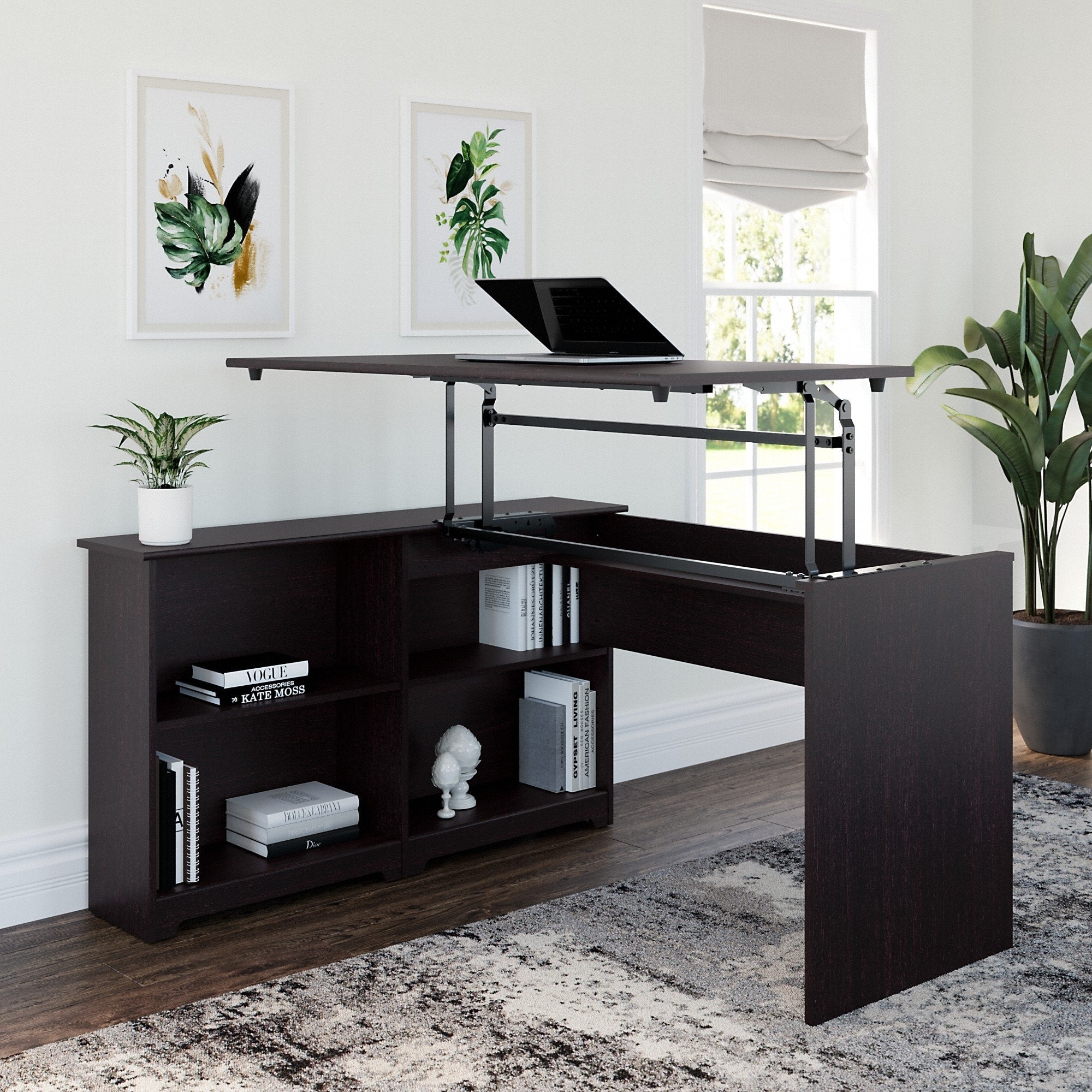 Porch Den Hale 52W 3 Position Sit To Stand Corner Bookshelf Desk In Espresso Oak