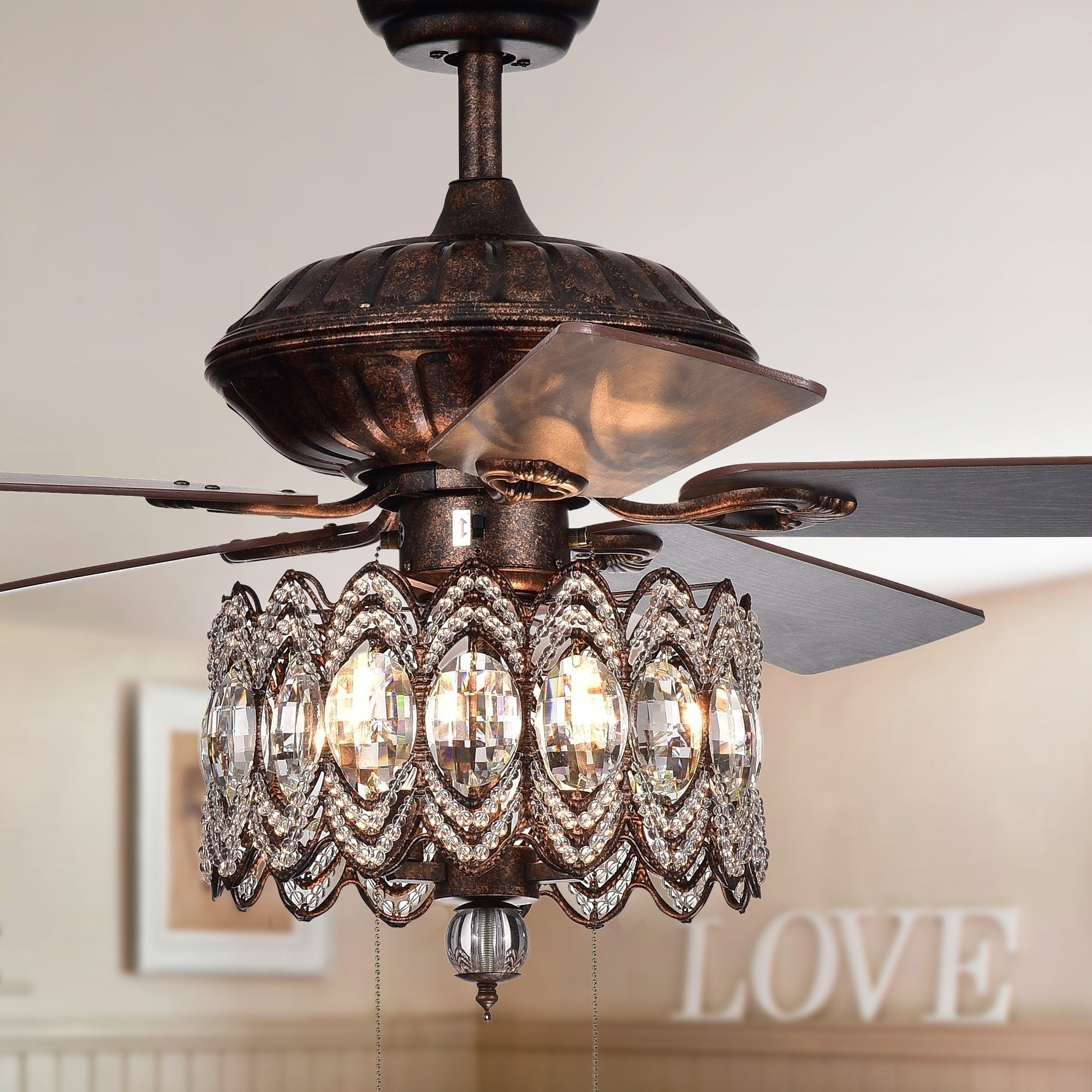 Copper Grove Dejes 52 In. Rustic Bronze Chandelier Ceiling Fan With Crystal Shade