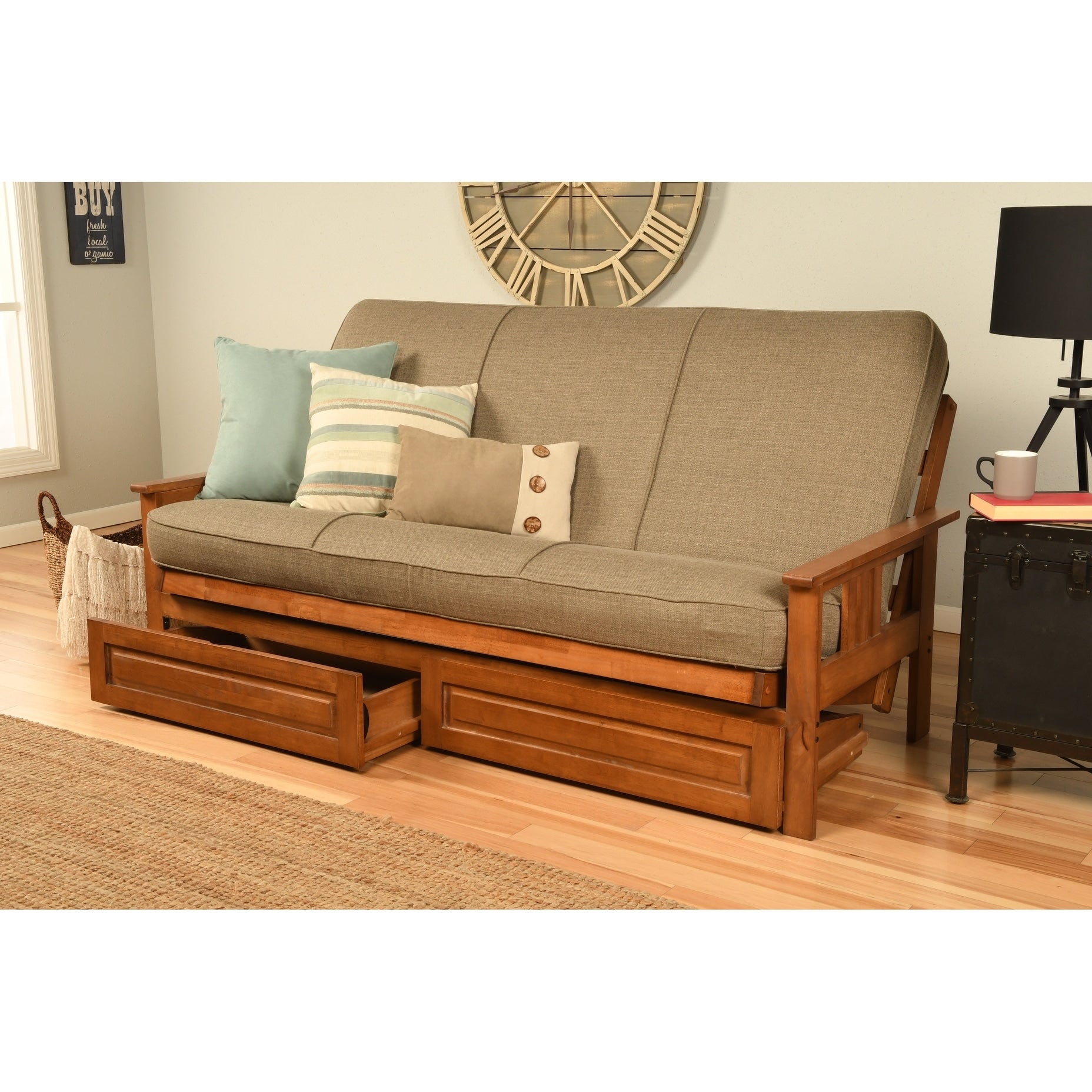 Copper Grove Dixie Honey Oak Full Size Futon Frame With Bonded Leather Innerspring Mattress
