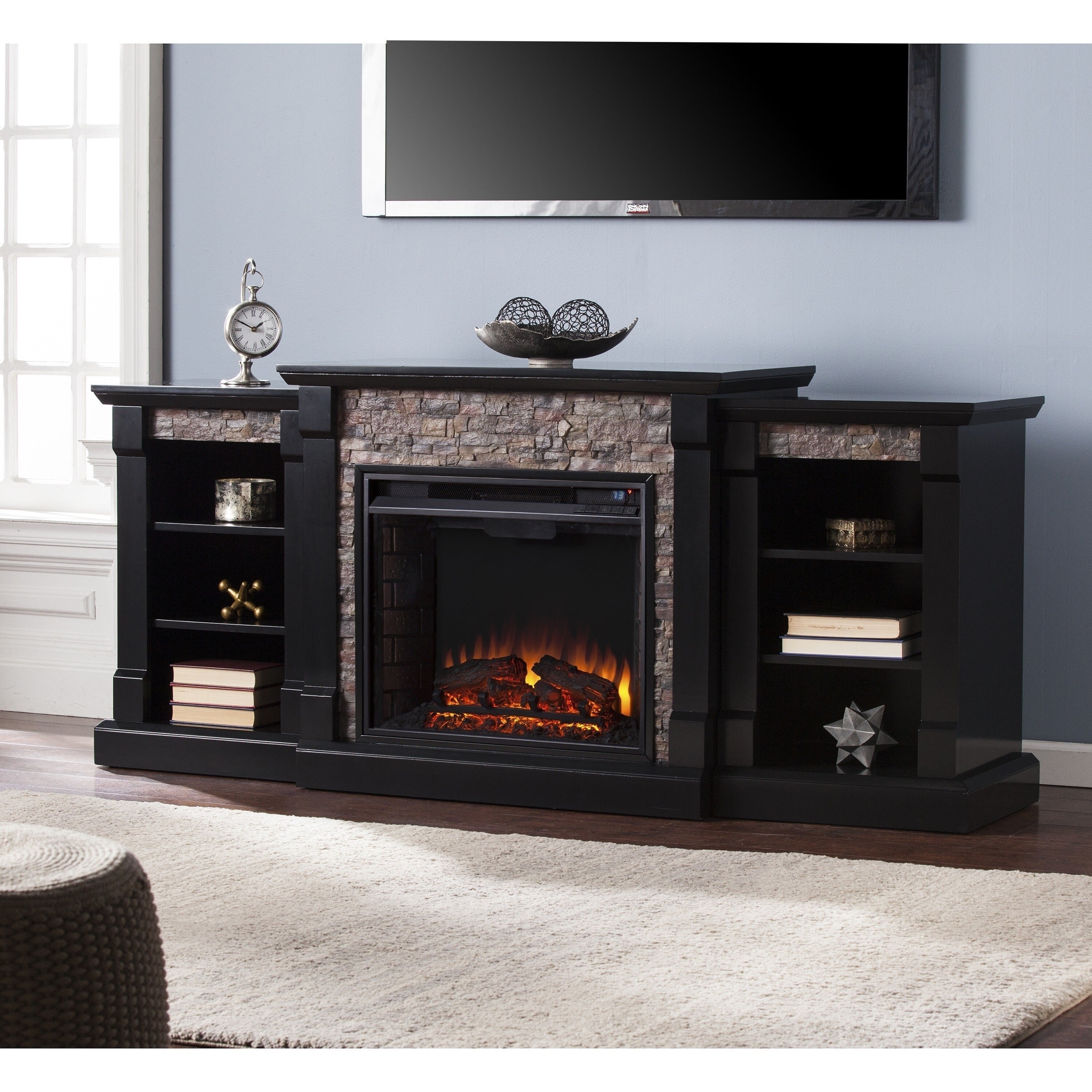 Copper Grove Hay River Black Faux Stone Electric Fireplace With Bookcases