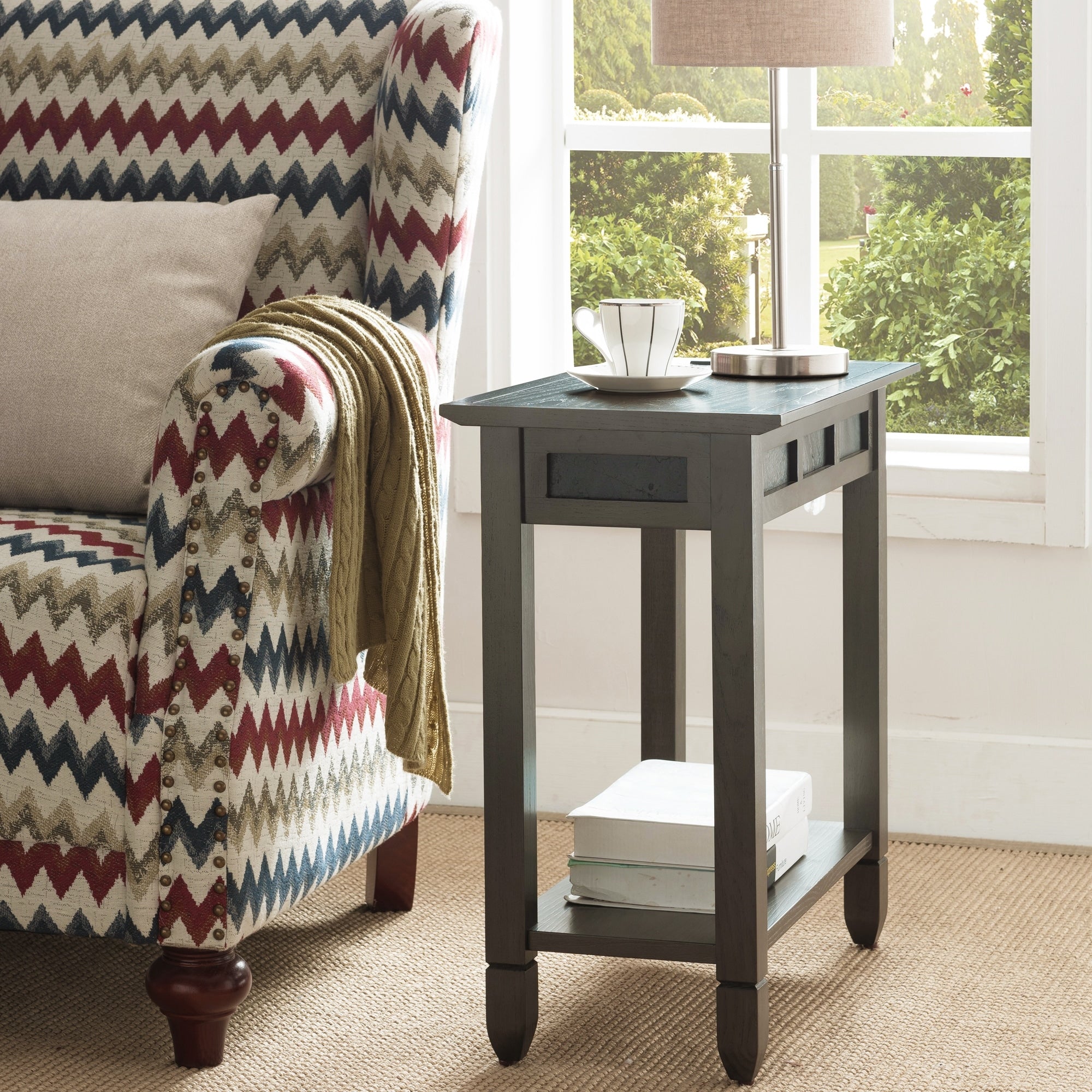 Copper Grove Ixia Rustic Oak And Slate Tile Chairside Table