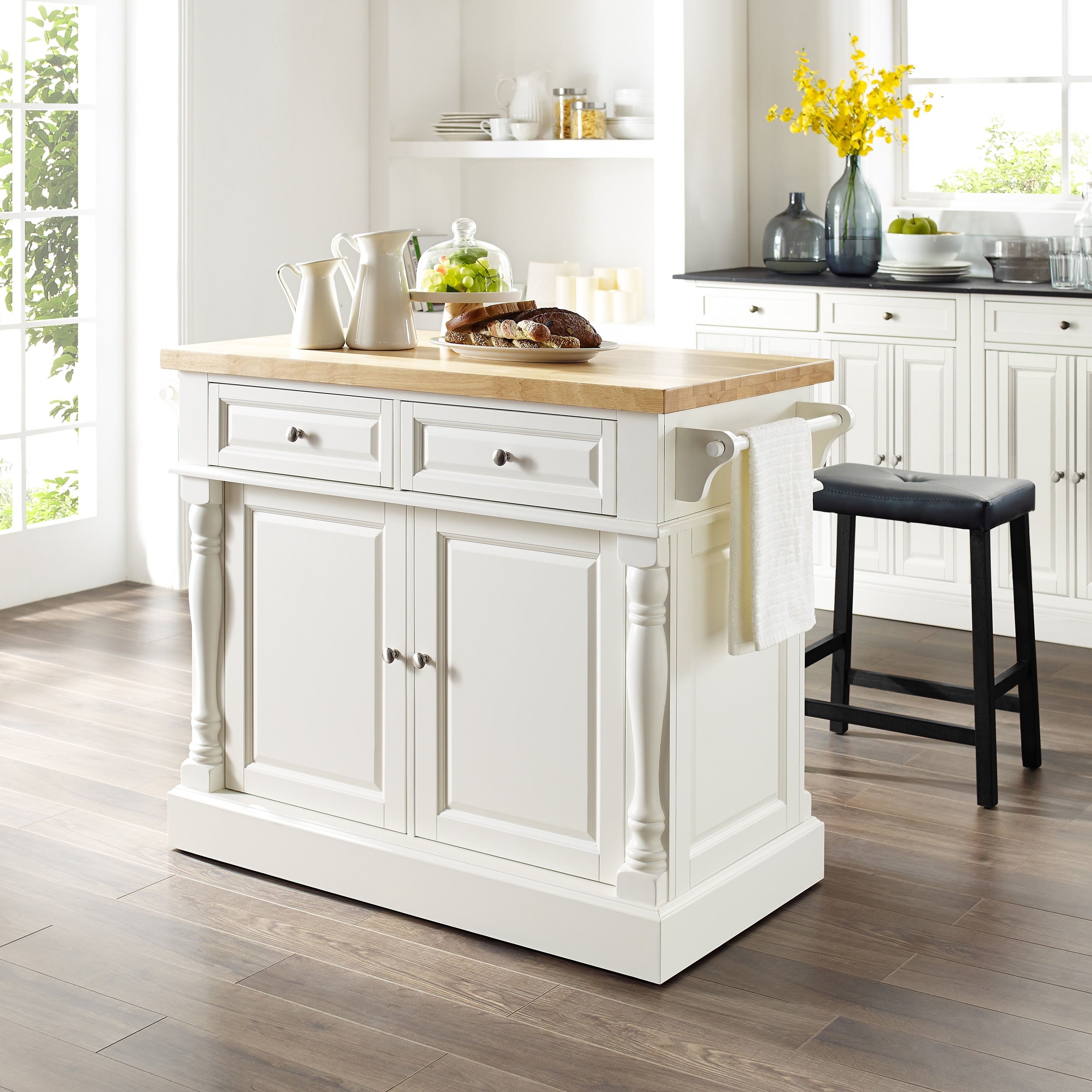 Copper Grove Kalesar Butcher Block Top White Kitchen Island With 24 Inch Black Upholstered Saddle Stools
