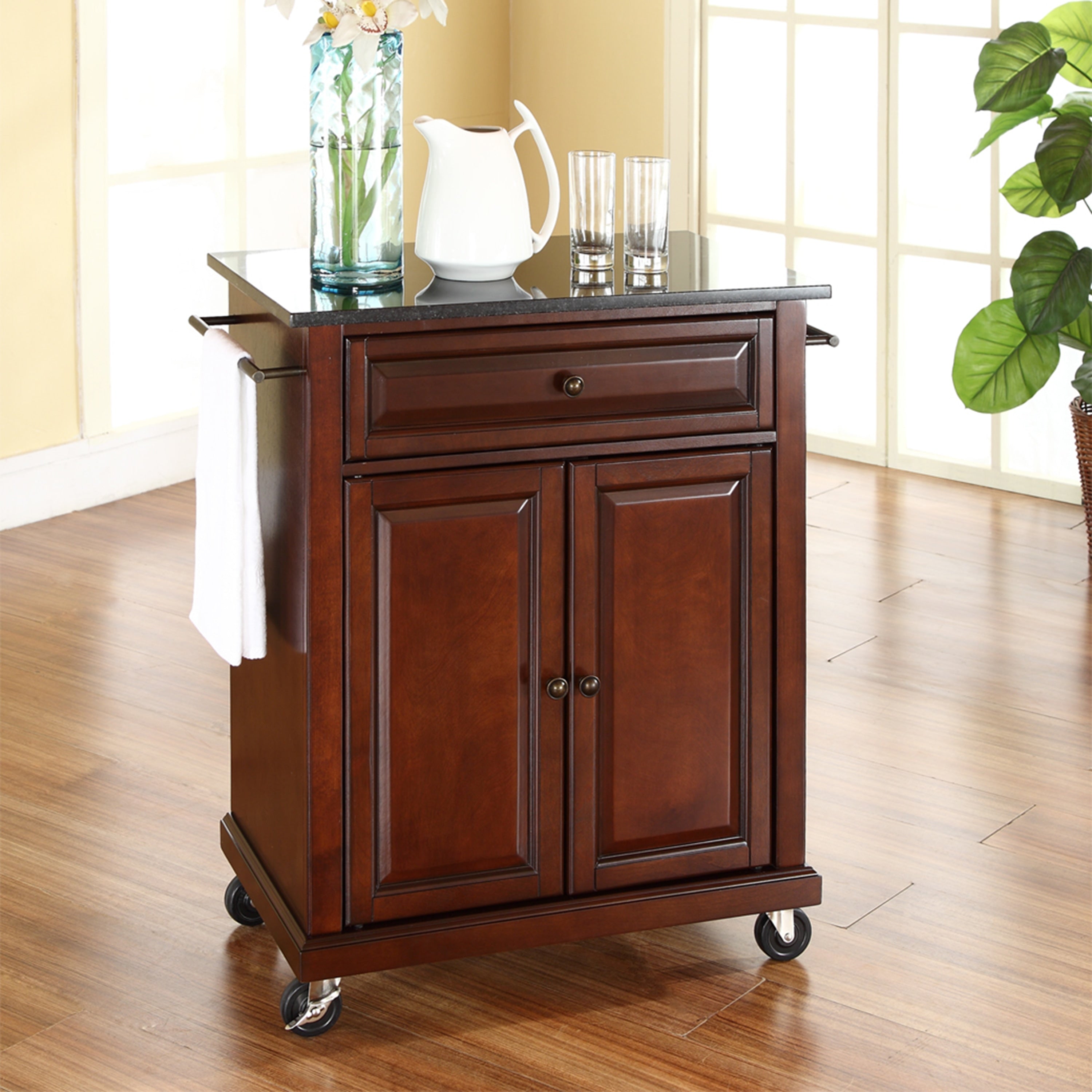 Copper Grove Kawartha Solid Black Granite Top Portable Kitchen Cart Island In Vintage Mahogany Finish