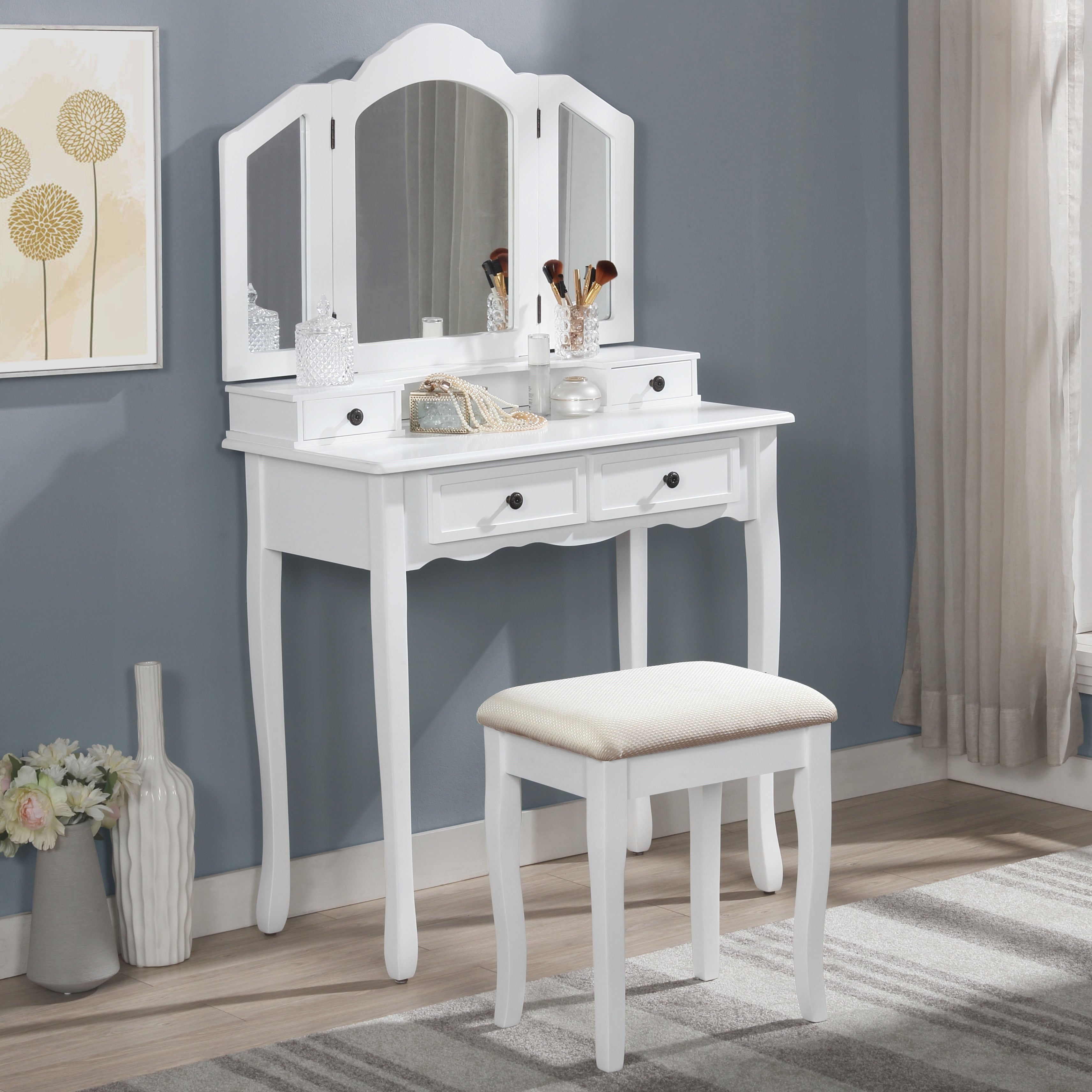 Copper Grove Ruscom White Wooden Vanity Make Up Table And Stool Set