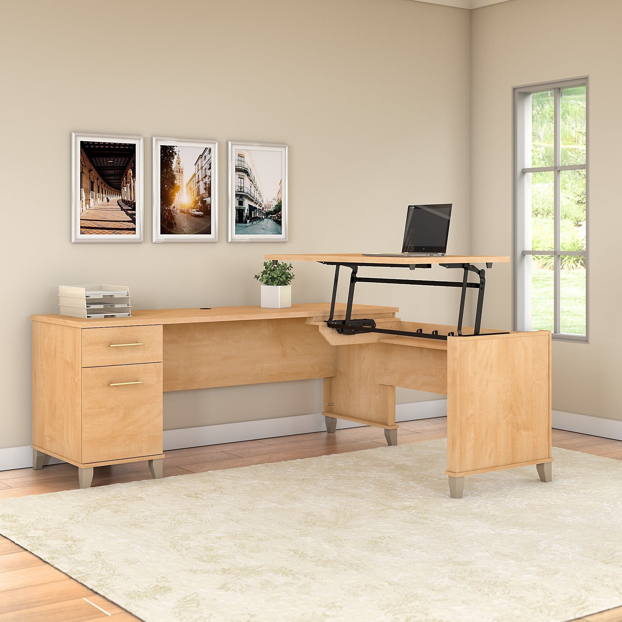 Bush Somerset 72W 3 Position Sit To Stand L Shaped Desk In Ash Gray
