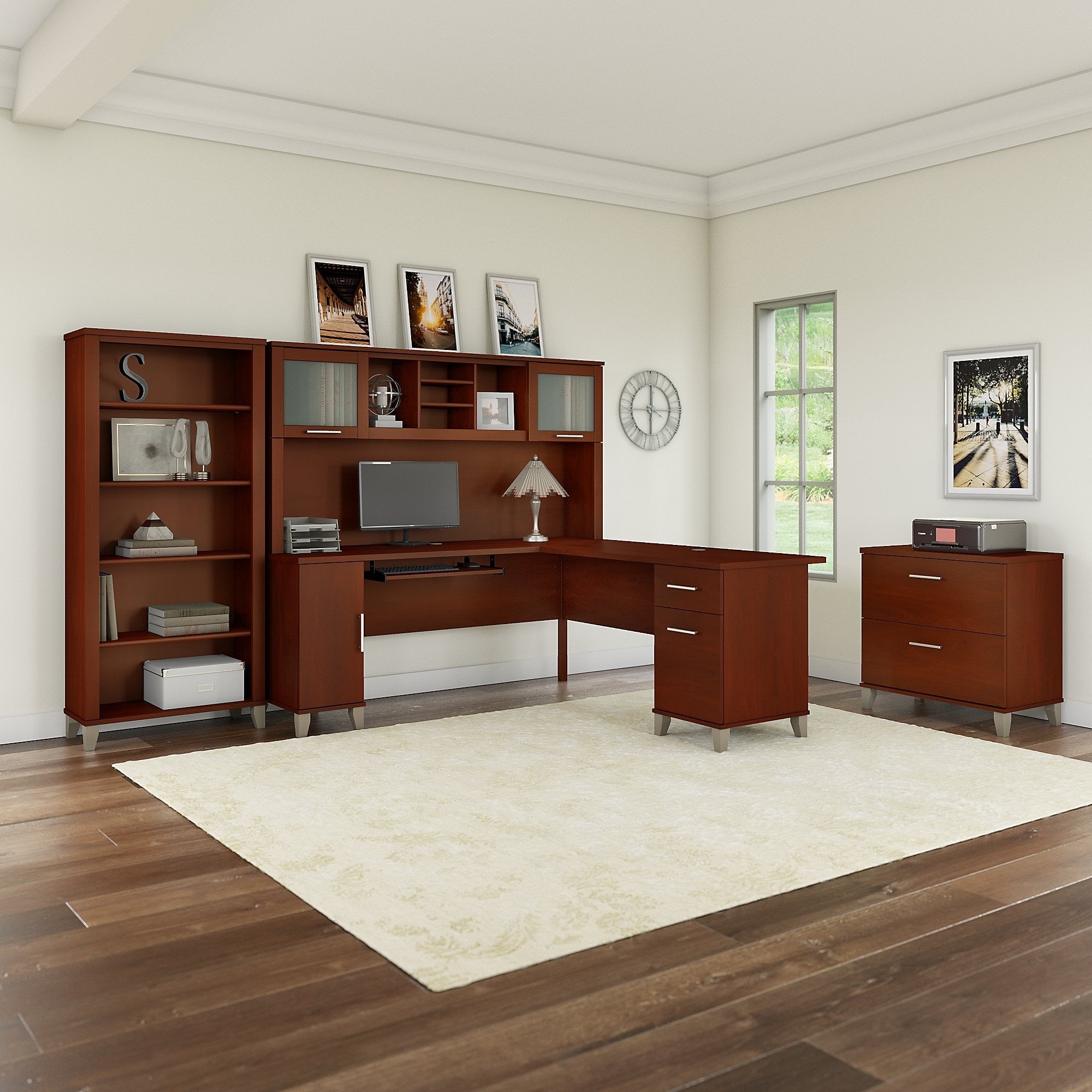 Somerset 72W L Shaped Desk With Hutch Cabinet And Bookcase In Gray