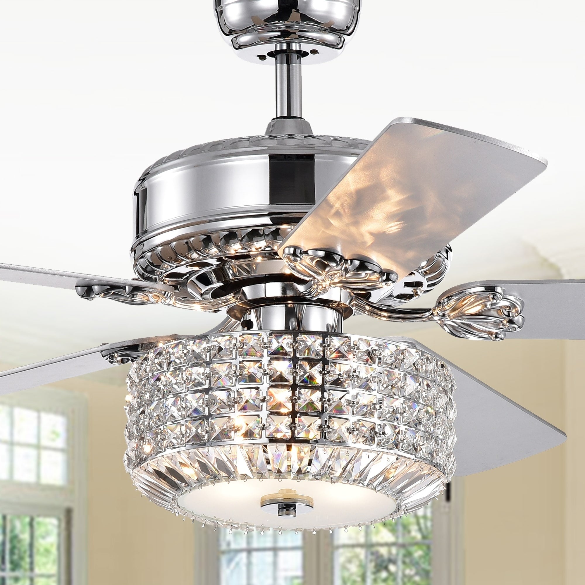 Walter Chrome 52 Inch Lighted Ceiling Fan With Crystal Bowl Shade Includes Remote And Light Kit