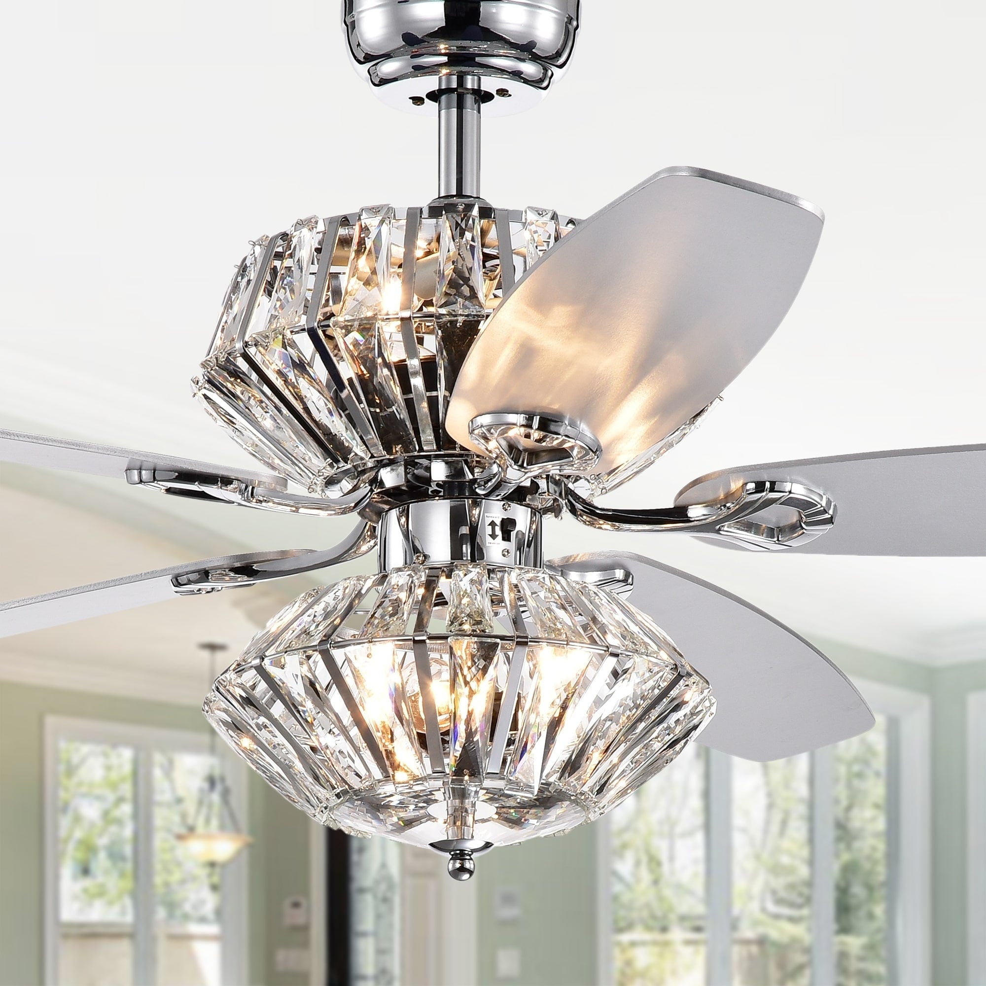 Makore Chrome Dual Lamp 52 Inch Lighted Ceiling Fan W Crystal Shades Includes Remote And Light Kit
