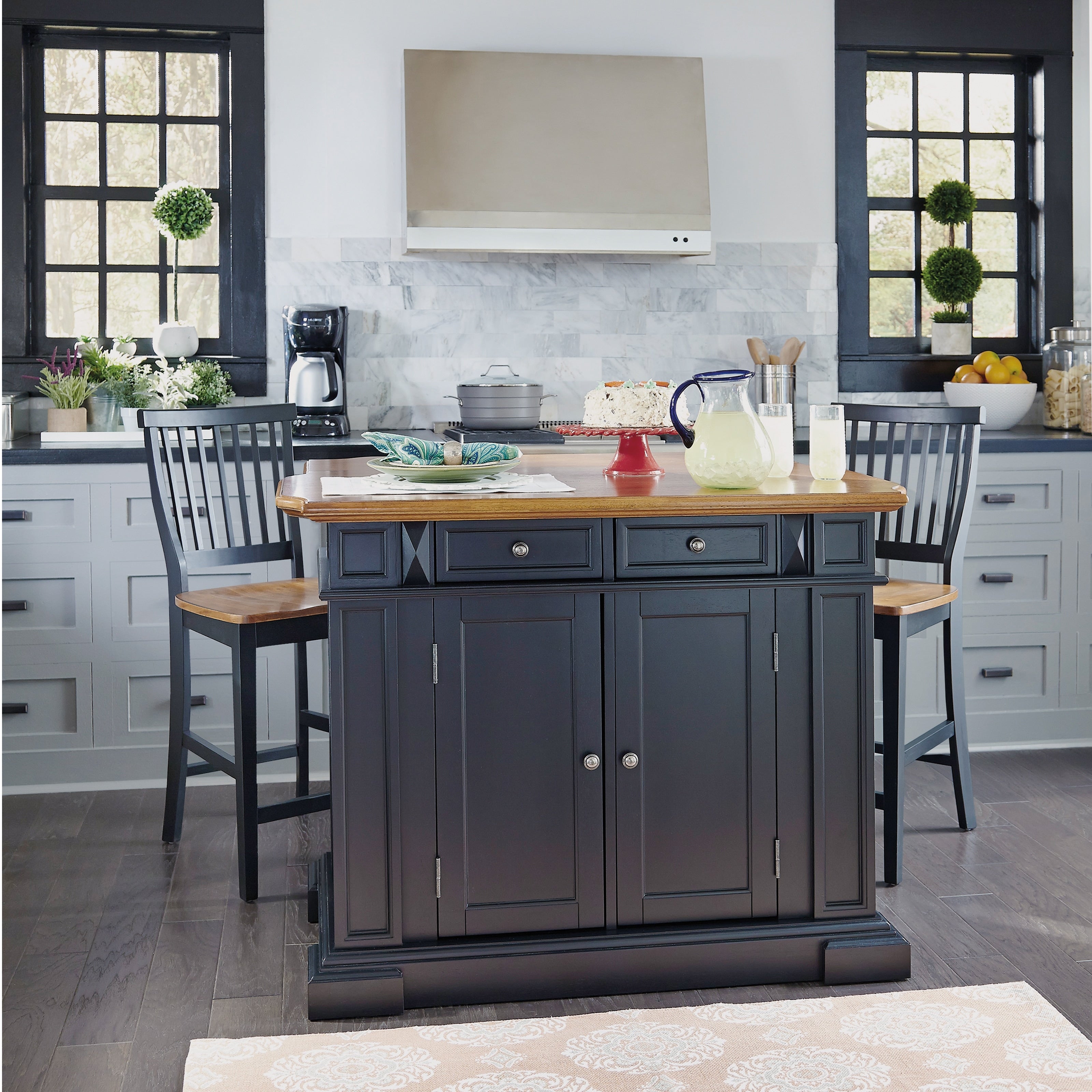 Copper Grove Warwick Black Distressed Oak Finish Kitchen Island And Barstools Kitchen Set