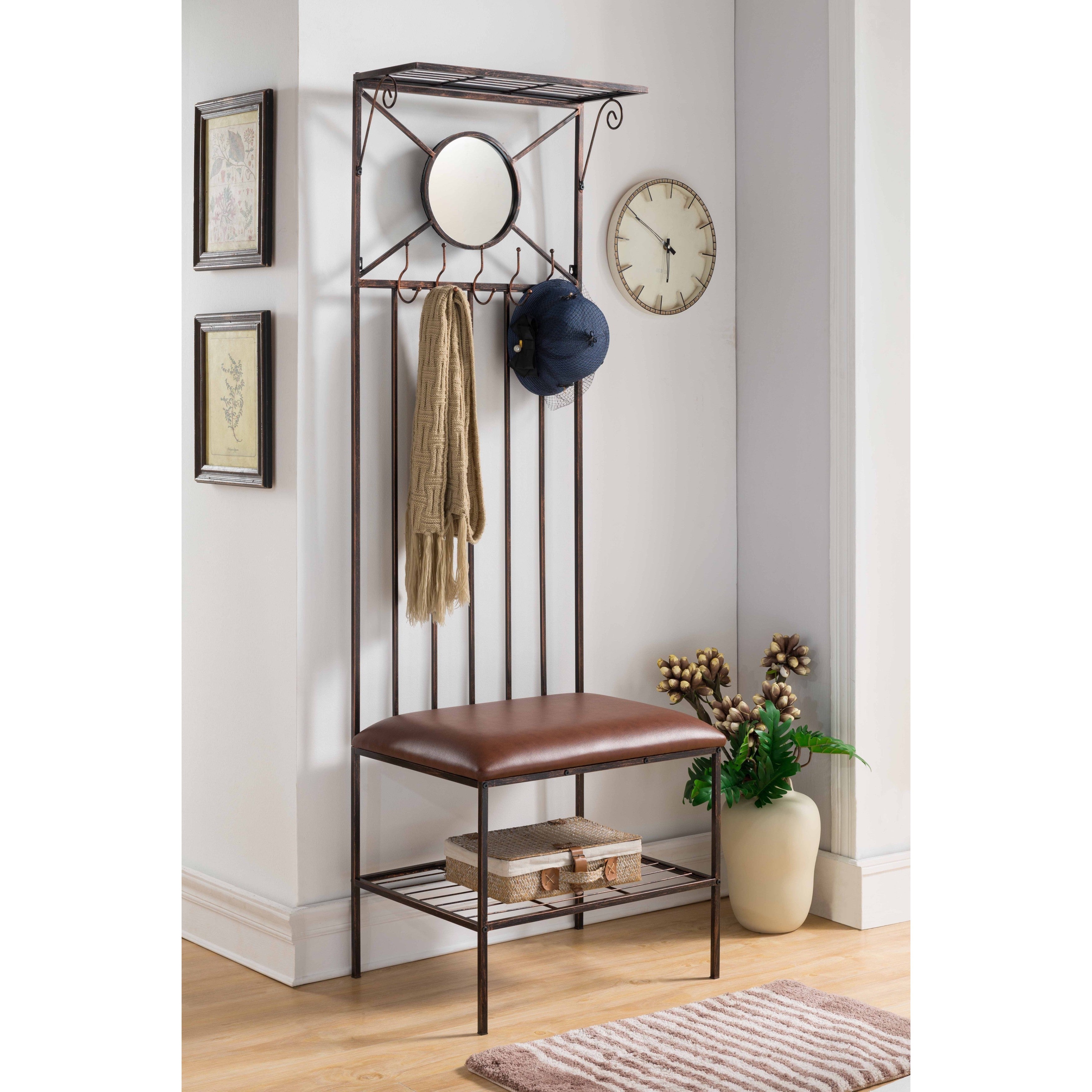 K And B Furniture Copper Metal Hall Tree Bench