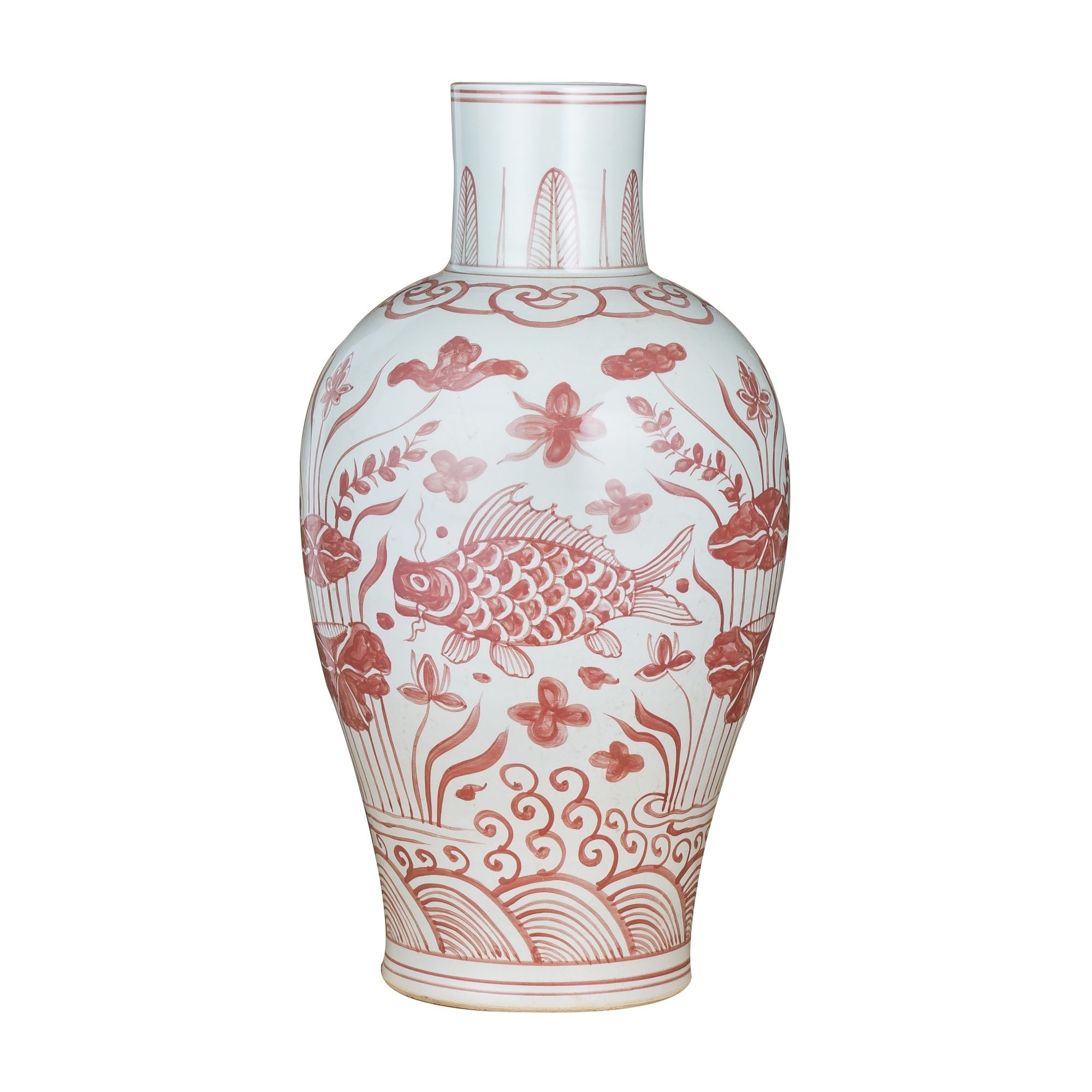Coral Red Baluster Vase Plum Tree Motif Small