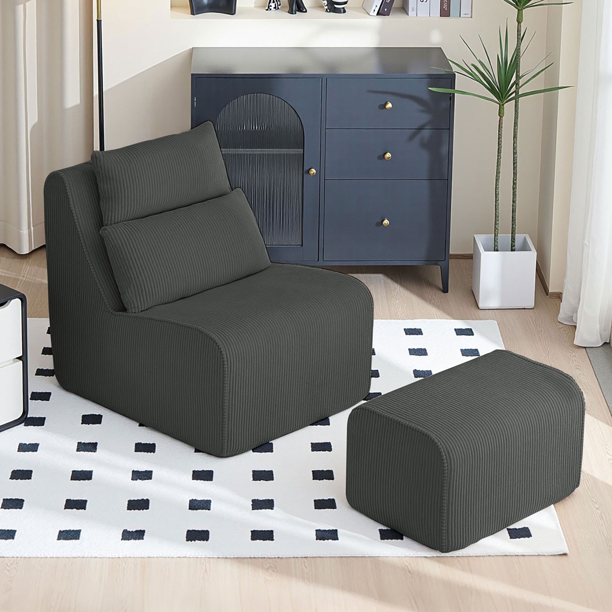 Corduroy Compression Lounge Chair With Ottoman Upholstered Single Lazy Sofa Chair With Headrest N A