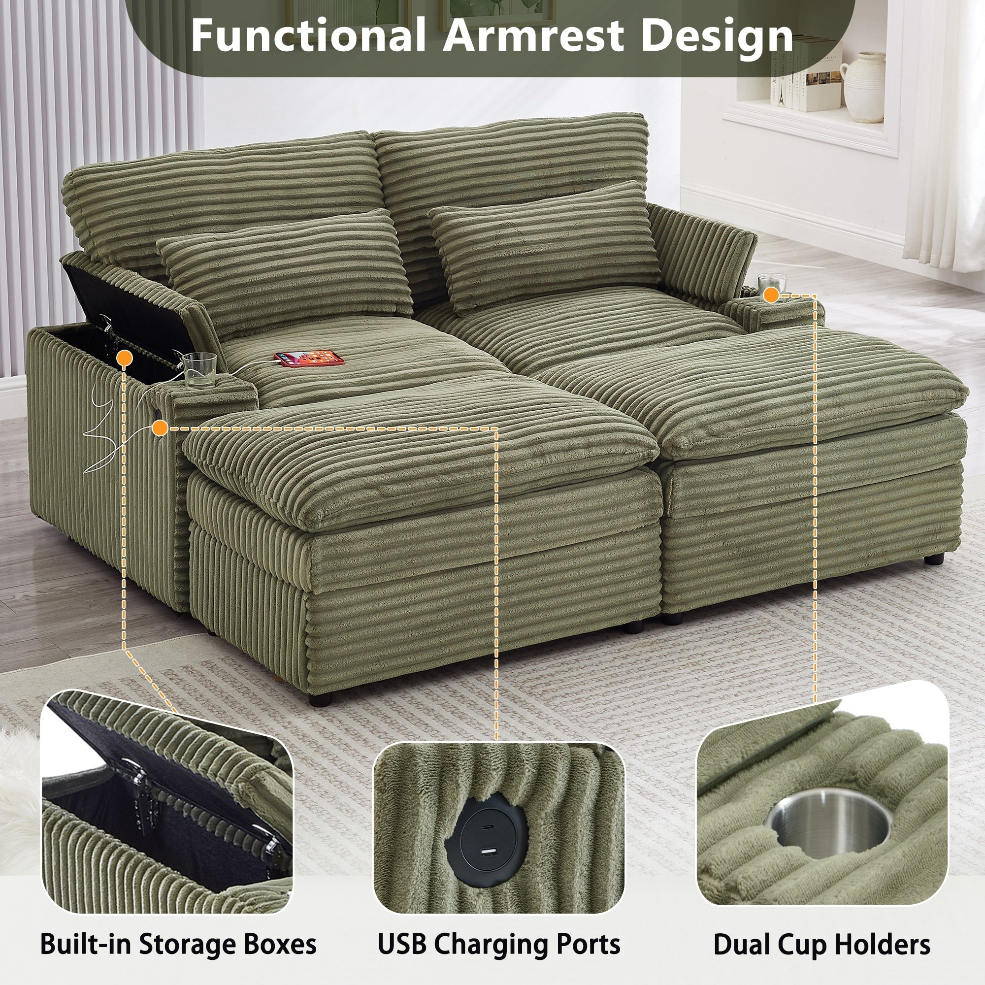 Corduroy Modular Sectional Sofa With Usb Ports Cup Holders 2 Seat Couch Loveseat With 2 Ottomans Convertible Sleeper Sofa Bed