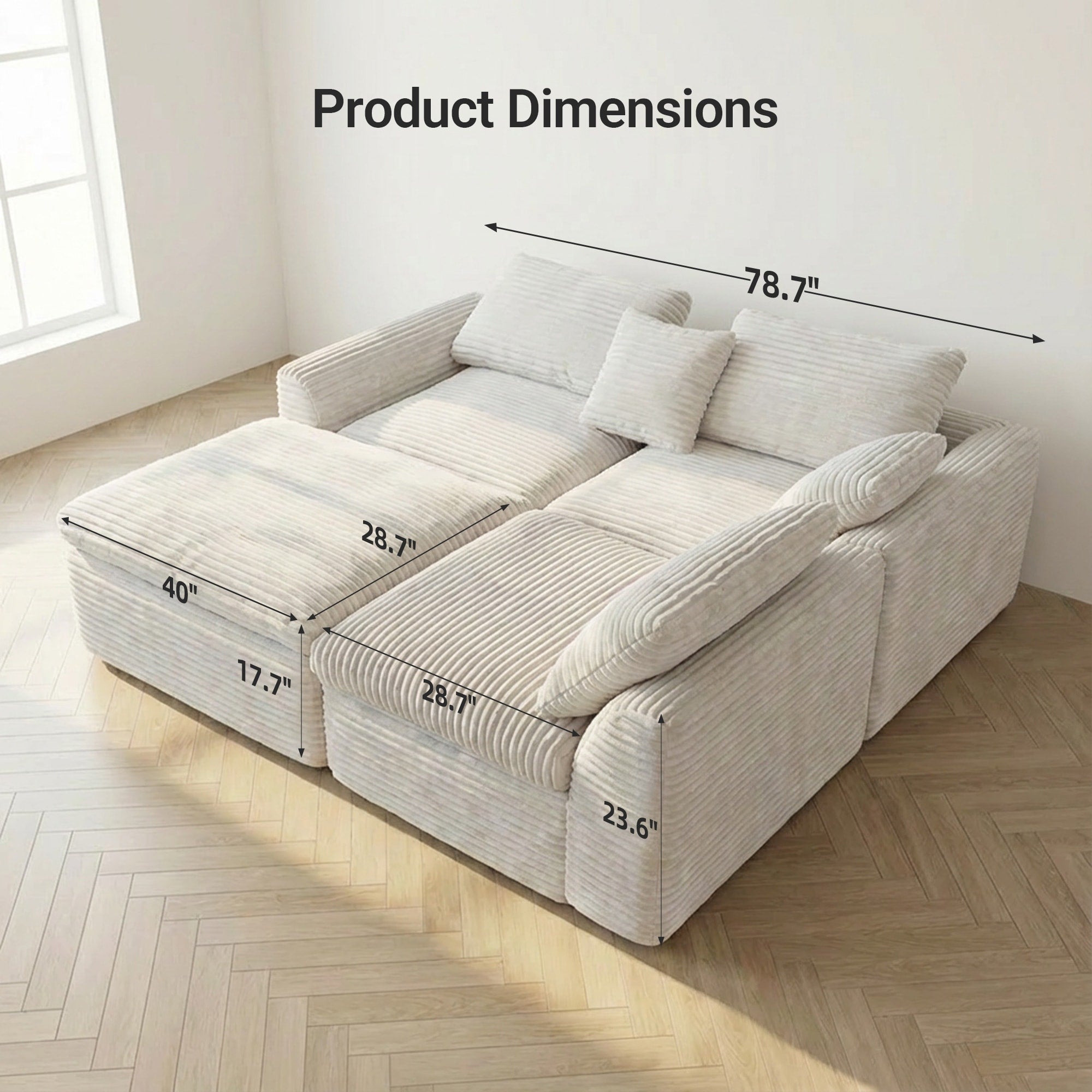 Corduroy Sectional Cloud Couch With Movable Ottoman High Density Boneless Sponge Sofa L Shape Deep Seat Corner Sofa