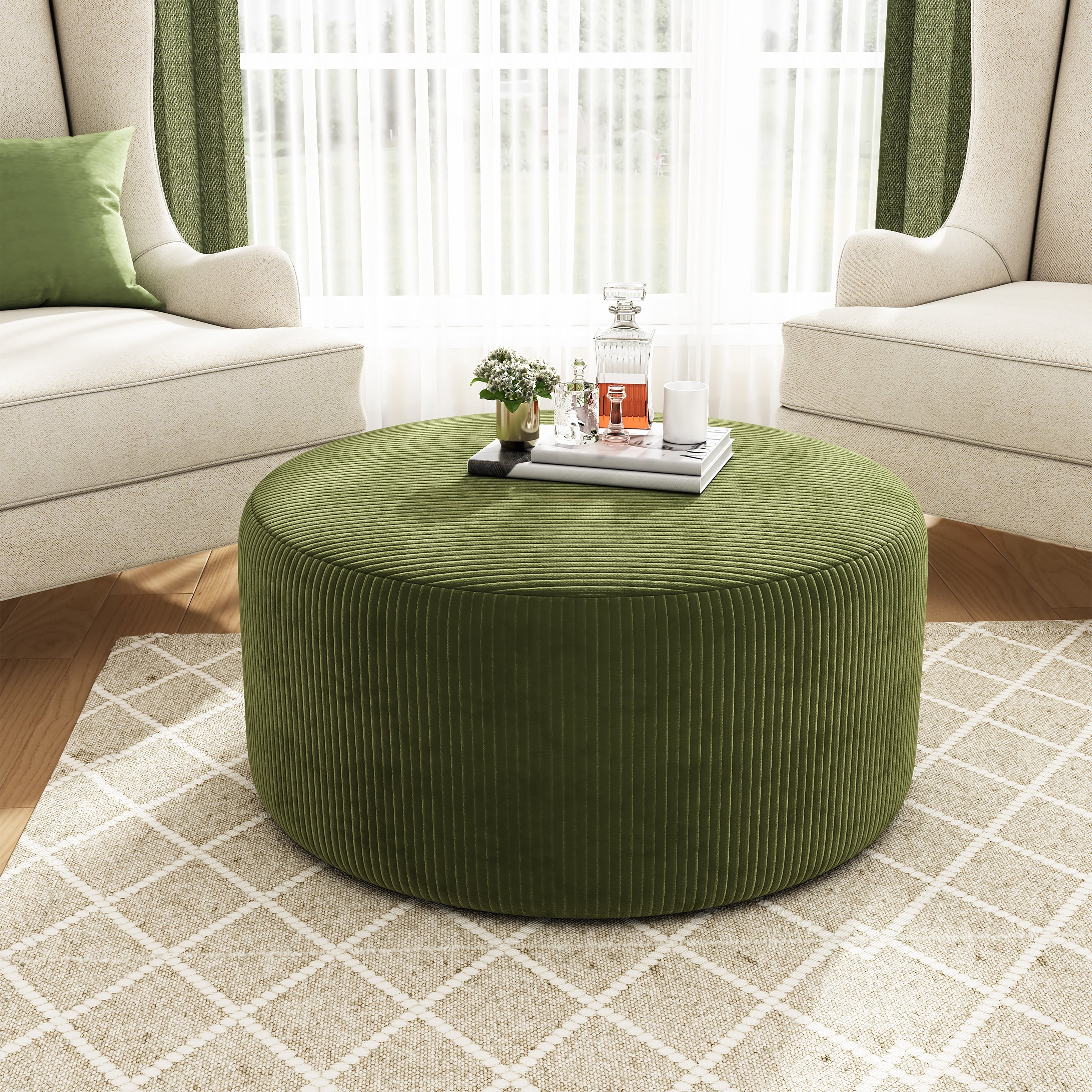 Corduroy Upholstered Round Ottoman Olive Green Stylish Accent Table